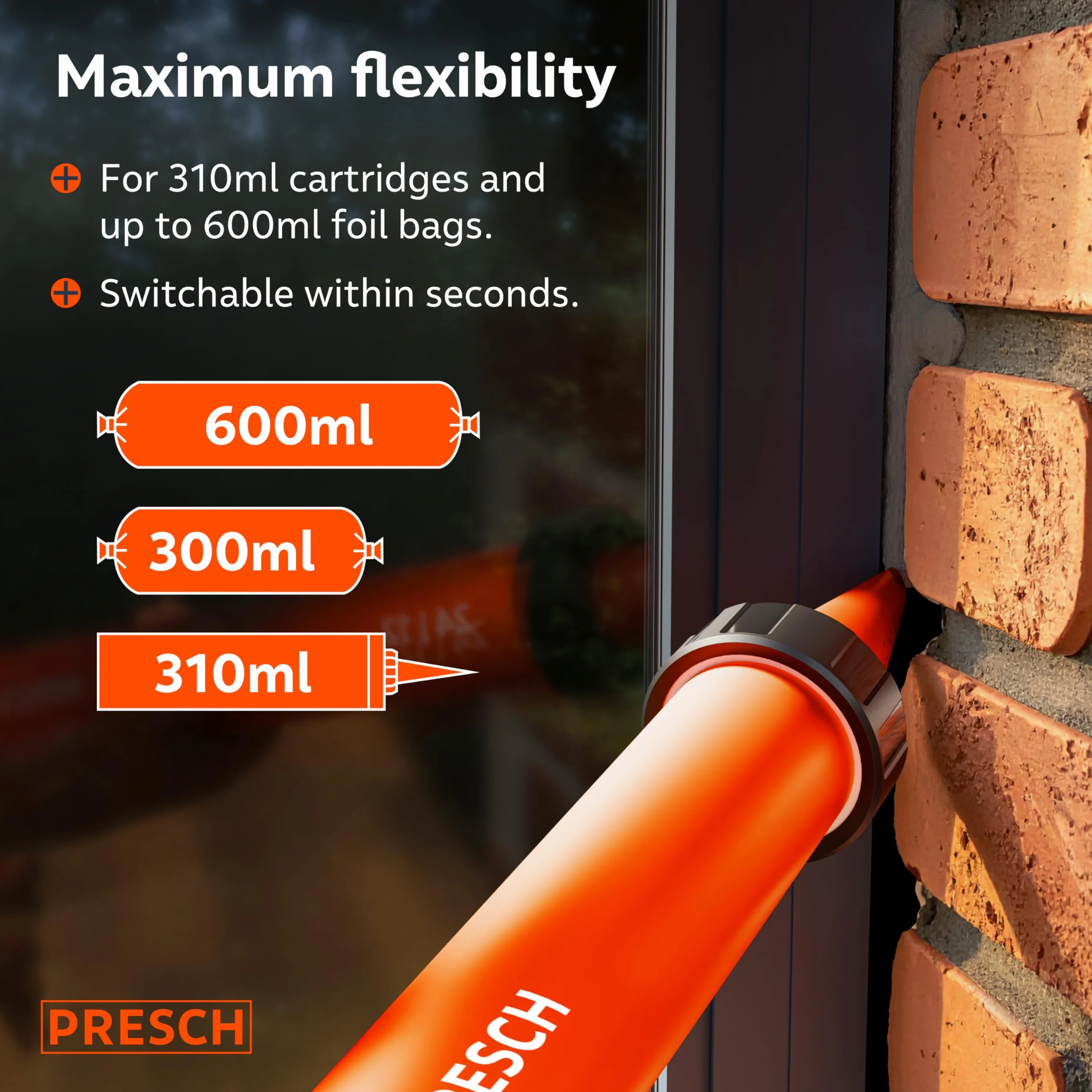Presch Wyciskacz do folii 600 ml z 2 dyszami – Przełączane przełożenia 24:1 i 12:1 do wszystkich uszczelniaczy i klejów (akryl, silikon, PU) – Obrotowy cylinder 360° z antypoślizgowym uchwytem