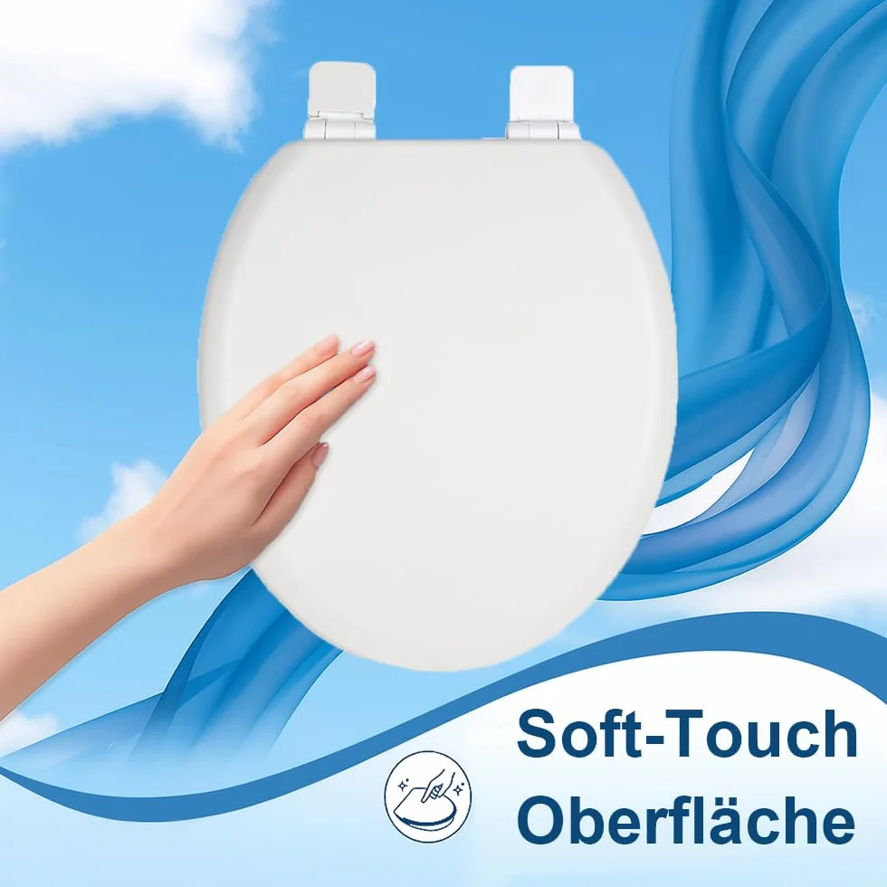 Deska sedesowa z drewnianym rdzeniem, kolor biały matowy – Soft-Touch i ultra gładka (bez skórki pomarańczowej), wolnoopadająca i szybkie zapięcie (Easy-Clean), kształt O, rozstaw otworów 155 mm