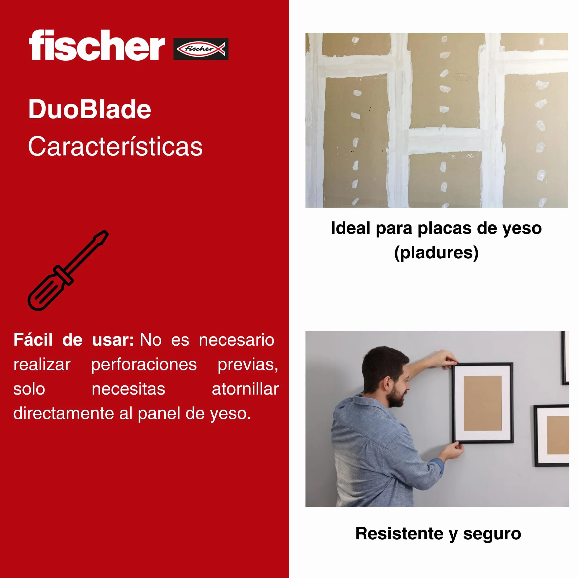 fischer DuoBlade S, samowiercący kołek do płyt gipsowo-kartonowych z wkrętem do płyt wiórowych, mocny kołek do łatwego montażu w płytach gipsowo-kartonowych i gipsowo-włóknowych, metalowa końcówka centrująca, 20 kołków + 20 wkrętów