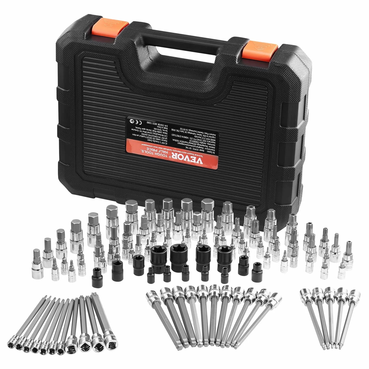 VEVOR Zestaw nasadek SAE i metrycznych, zewnętrzne sześciokątne/torx/torx, stal stopowa S2 i stal Cr-V, przyłącza 0,63/0,95/1,27 cm z ulepszoną torbą do przechowywania, użycie ręczne