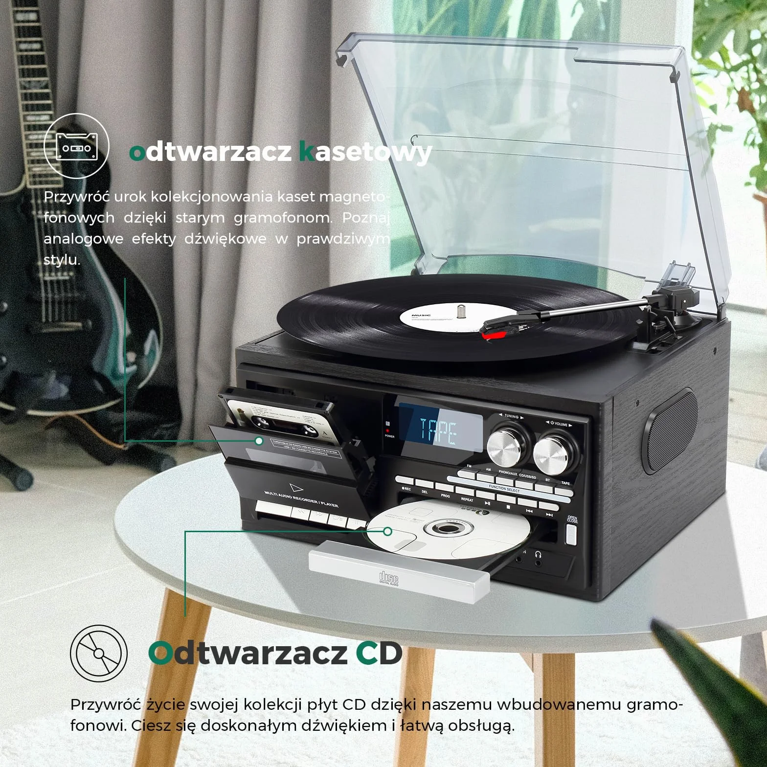 Gramofon z Bluetooth 3-biegowy odtwarzacz winyli CD kaset radio AM/FM USB SD MMC czarny