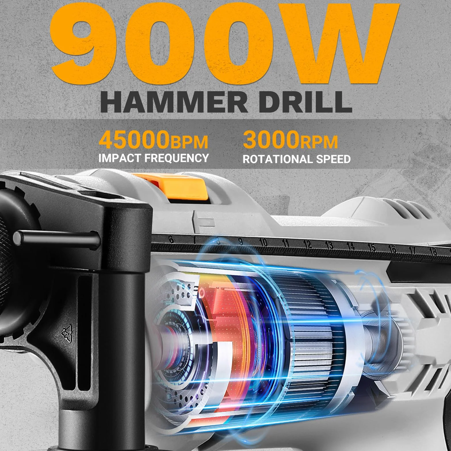 DEKOPRO Wiertarka akumulatorowa 900 W, 6-biegowa wiertarka do betonu, 3000 obr./min, 45 000 BPM, uchwyt metalowy 13 mm, uchwyt obrotowy o 360° i 12 wierteł w zestawie, do drewna, metalu i betonu