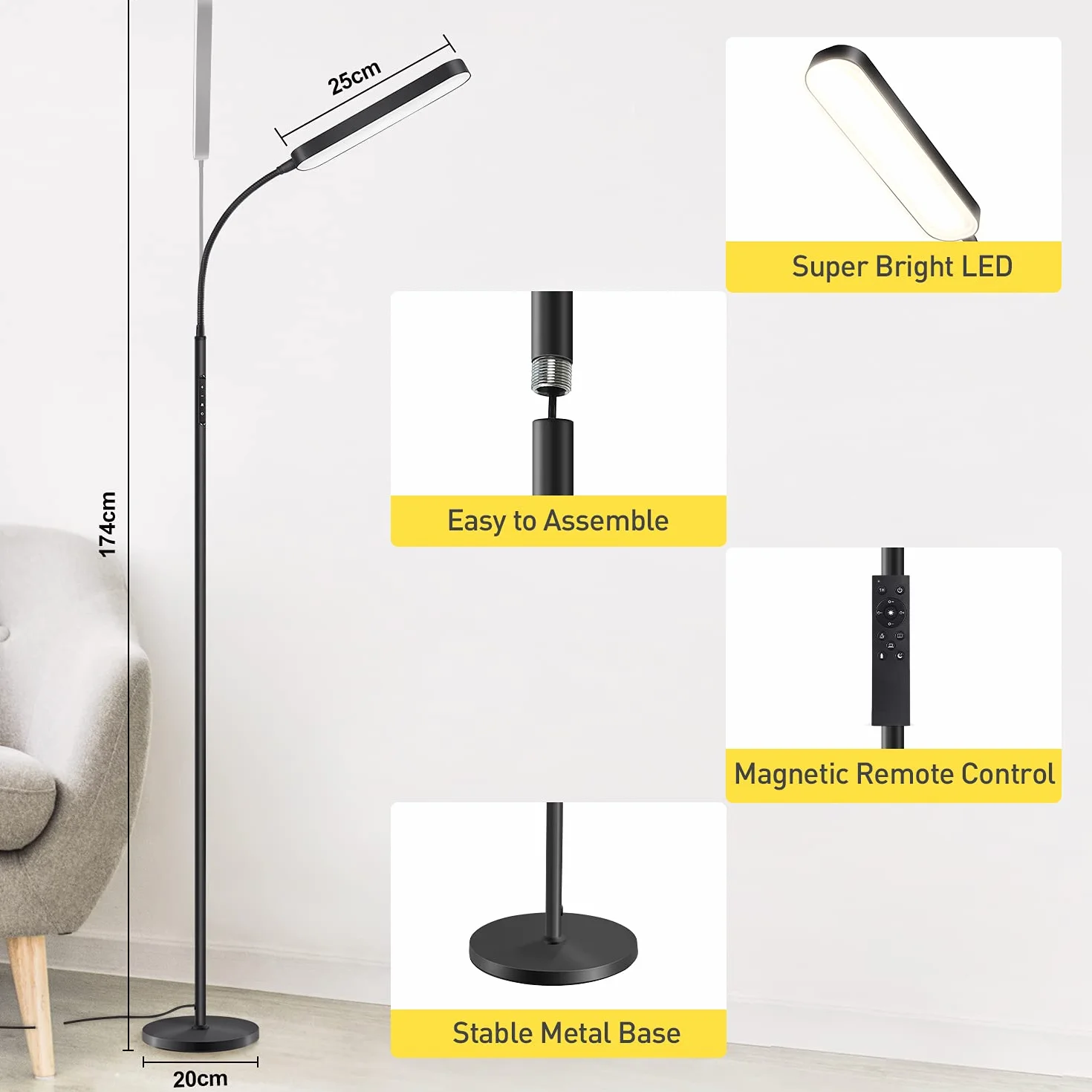OUTON Lampa stojąca LED, ściemniana, 12 W regulowana, nowoczesna lampa do czytania z 4 temperaturami barwowymi, pilot zdalnego sterowania i sterowanie dotykowe, oświetlenie do salonu, sypialni, biura, czarna