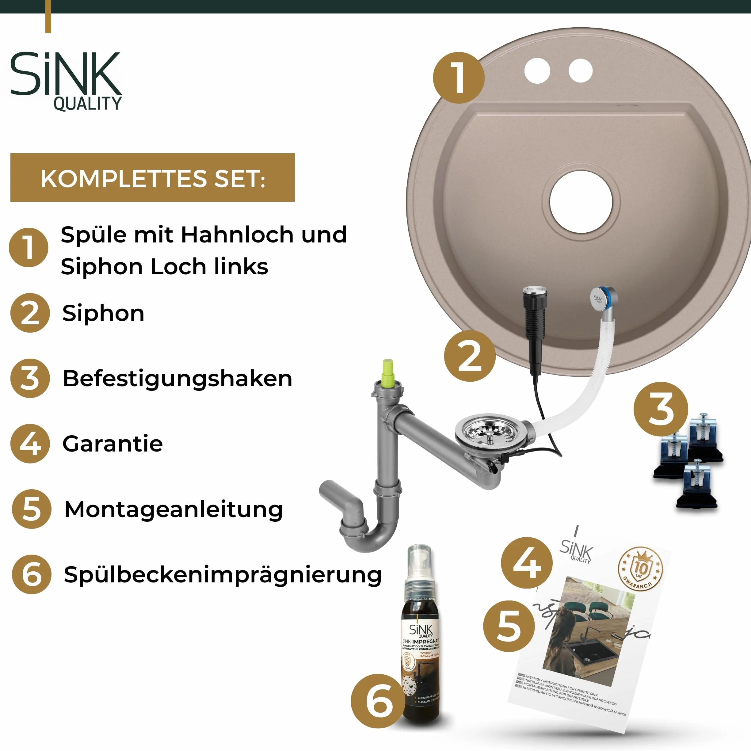 SINK Quality zlewozmywak okrągły, beżowy, Ø 51 cm, syfon z przyciskiem i impregnacją, w zestawie - zlewozmywak kuchenny okrągły z granitu - zlewozmywak granitowy do szafek od 55 cm szerokości