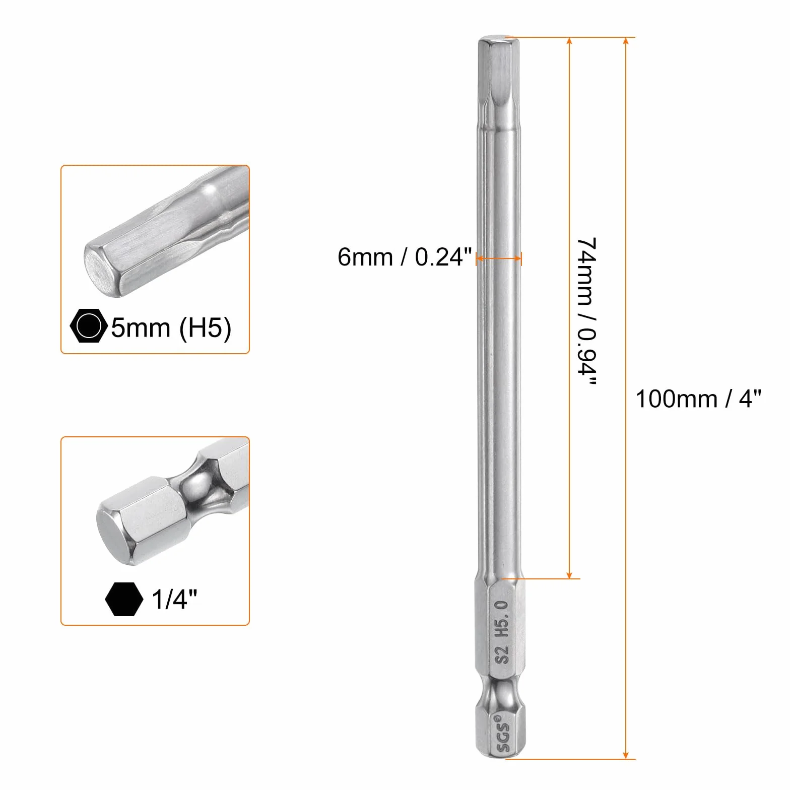 QUARKZMAN Klucz sześciokątny Wiertło 5 mm (H5) metryczne 1/4" 100 mm (4") długie magnetyczne wiertło ze stali S2 wiertło płaskie sześciokątne do śrub