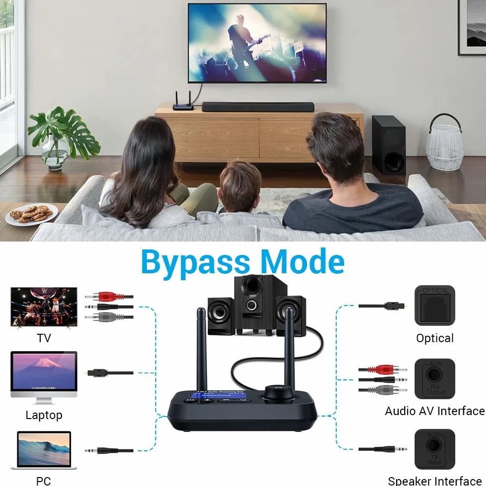 Bluetooth 5.3 adapter audio 3-w-1 nadajnik odbiornik niska latencja AUX optyczne RCA