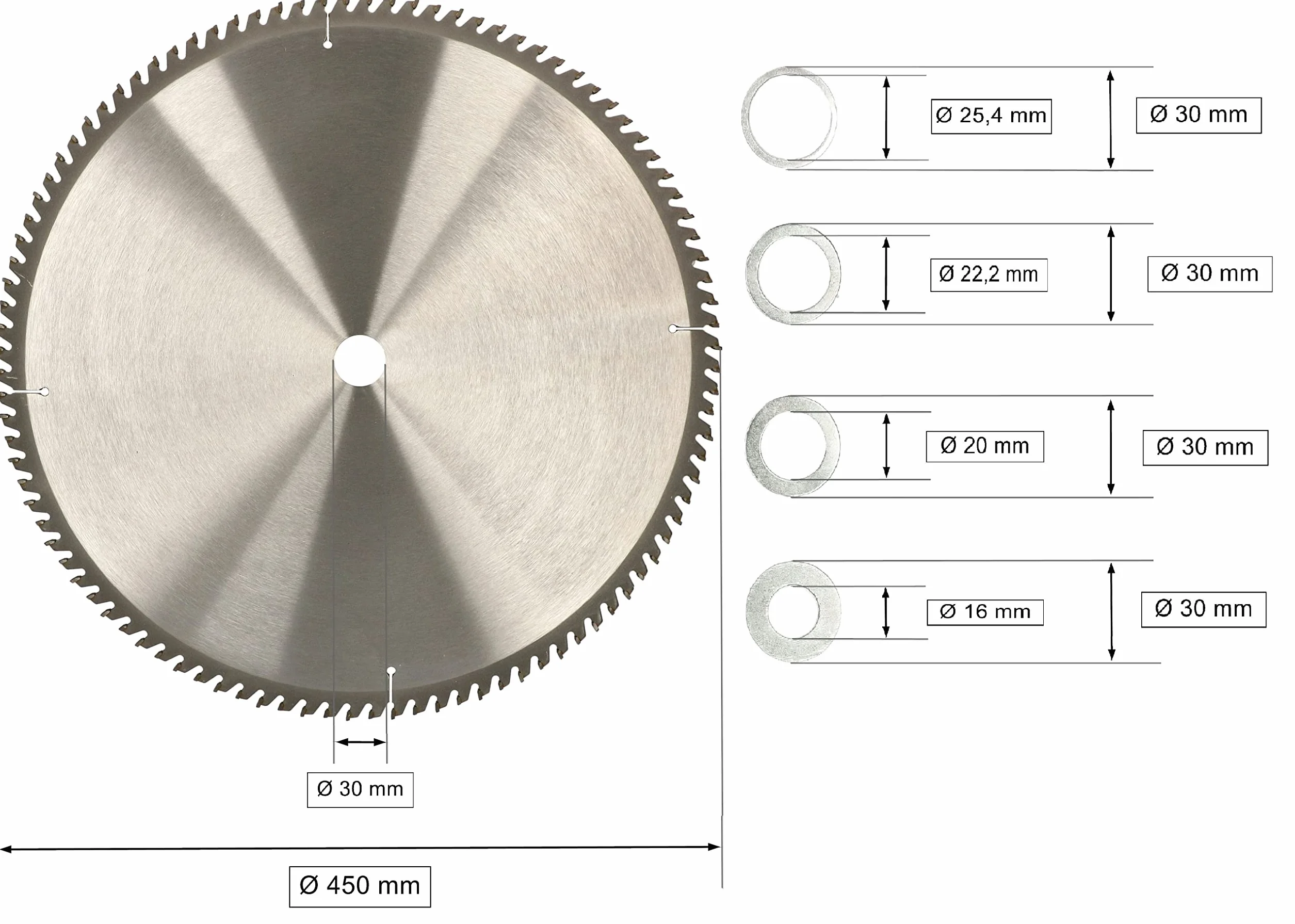 KOTARBAU® Brzeszczot do cięcia drewna z twardego metalu 100 zębów Ø 450 mm + pierścienie redukcyjne