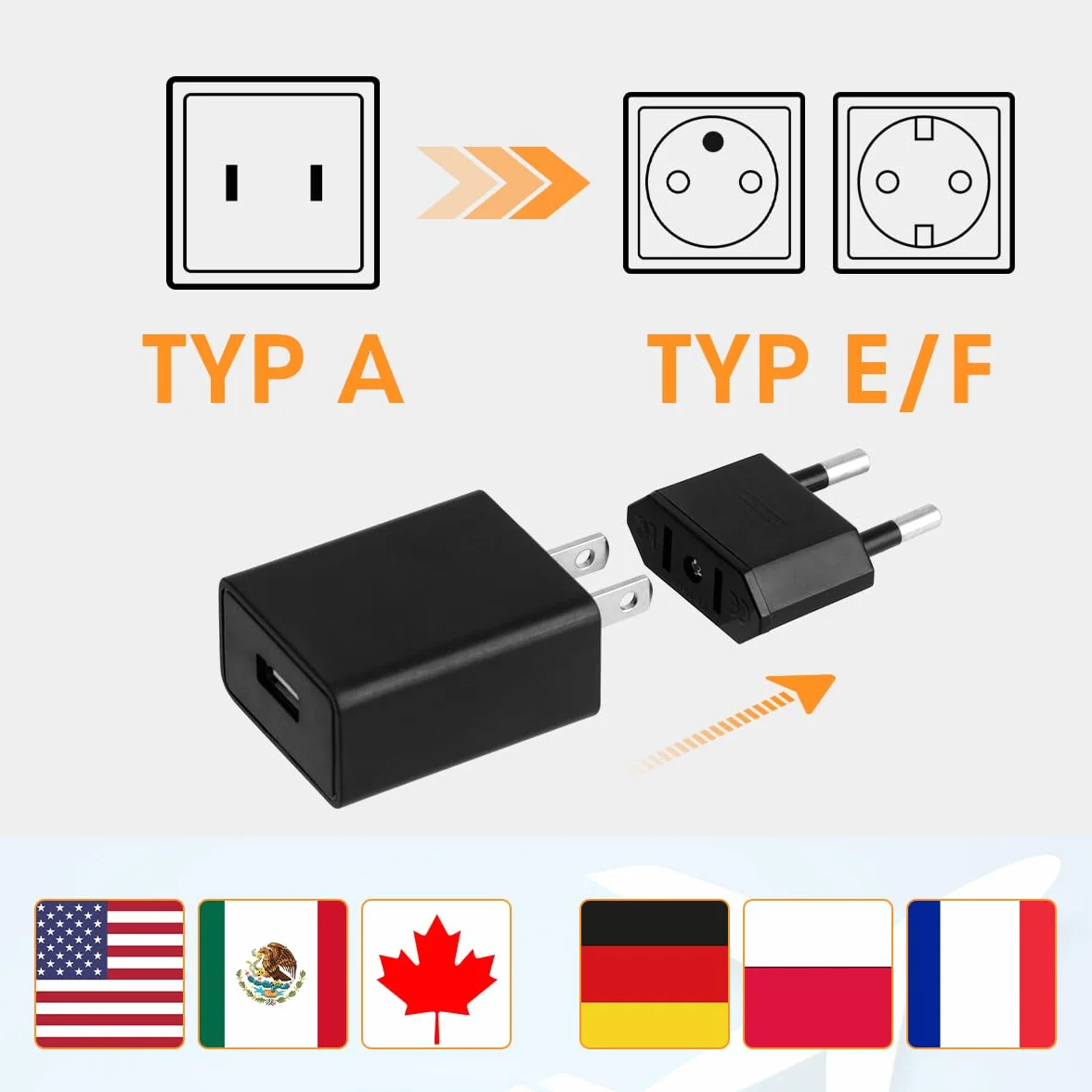 Aieve 4 sztuki adapterów podróżnych USA-UE, wtyczka USA na 2 piny do Niemiec/Europy, adapter wtyczki Ameryka/Kanada/Meksyk, konwerter do urządzeń z zasilaniem amerykańskim (czarny)