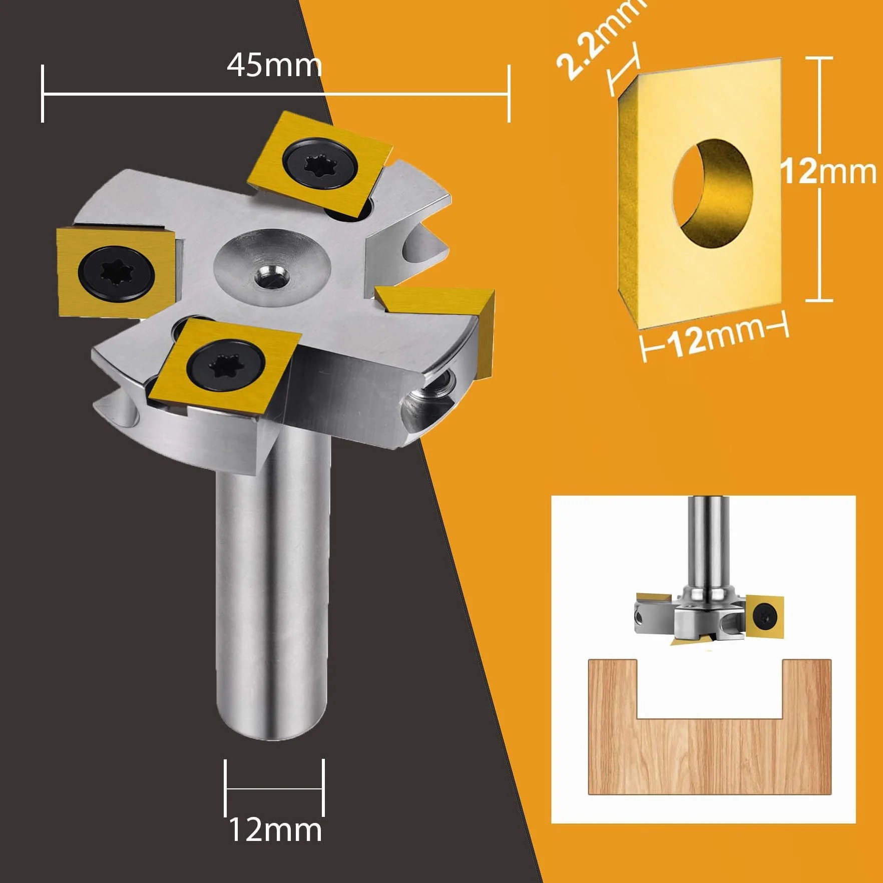 SpeTool Niklowany frez czołowy 12 mm trzpień 45 mm średnica cięcia frez czołowy do frezarki górnowrzecionowej z powłoką ATS płytki dwustronne 2 + 2 flety CNC frez do drewna, frez do spłaszczania