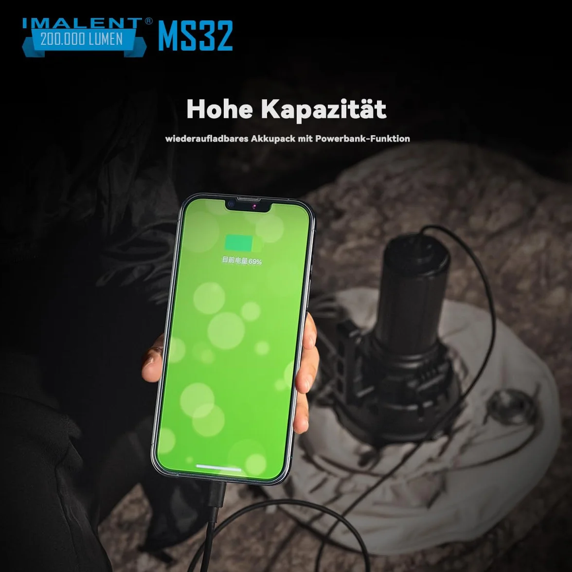Imalent Latarka LED MS32, niezwykle jasna, 200 000 lumenów, z 32 diodami Cree XHP 70.2 HI, akumulator typu C, 8 trybów oświetlenia, wodoodporna latarka kempingowa IP56