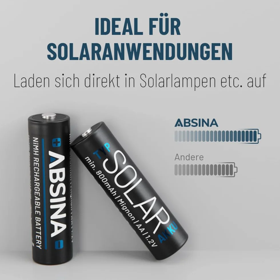 ABSINA 8 x bateria solarna AA do ponownego ładowania 800 mAh 1,2 V NiMH – baterie solarne AA do lamp solarnych – akumulatory solarne AA z niskim samorozładowaniem