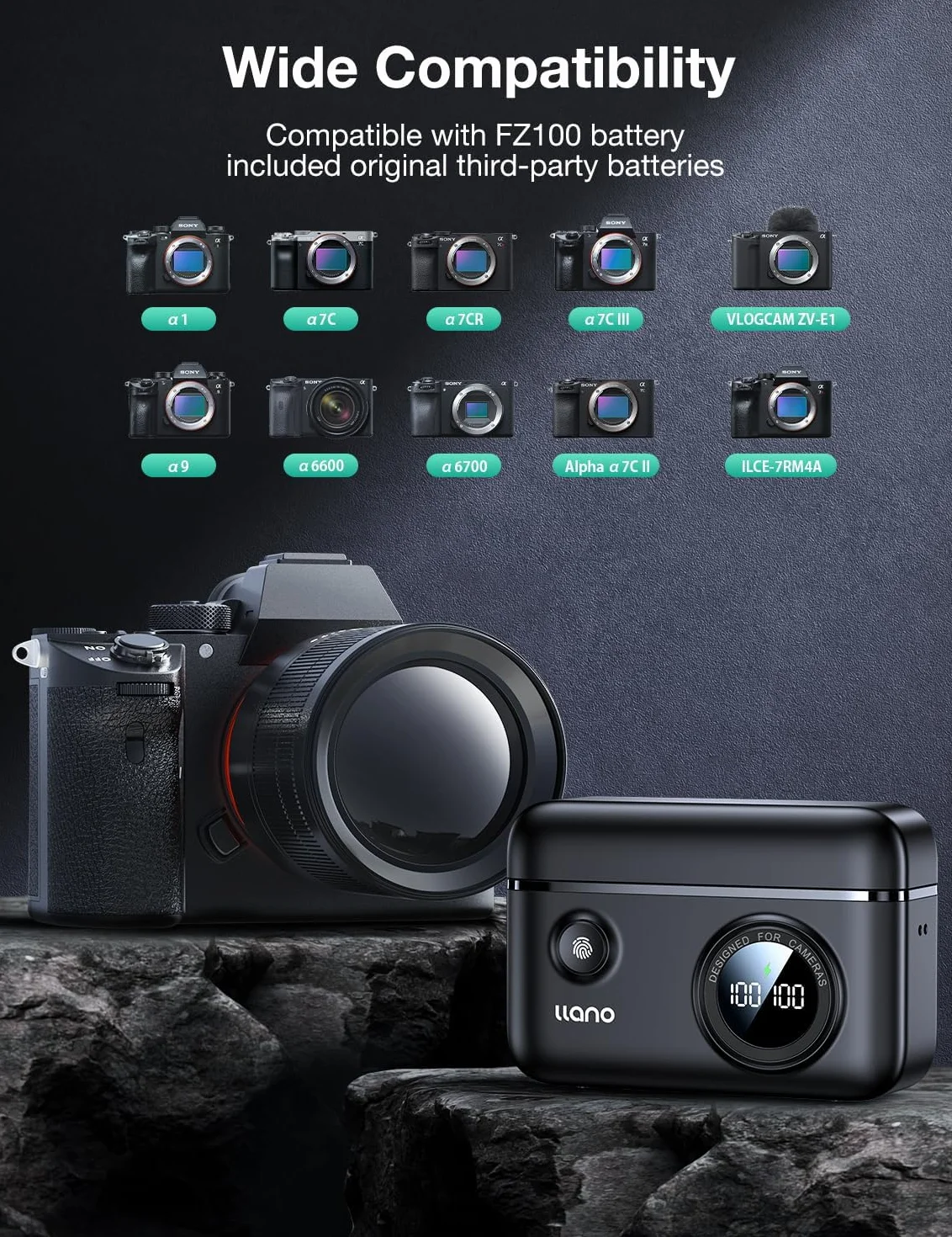 llano NP-FZ100 podwójna ładowarka szybka 18 W do Sony A7iii A7R V A6700 2 akumulatory 2400 mAh