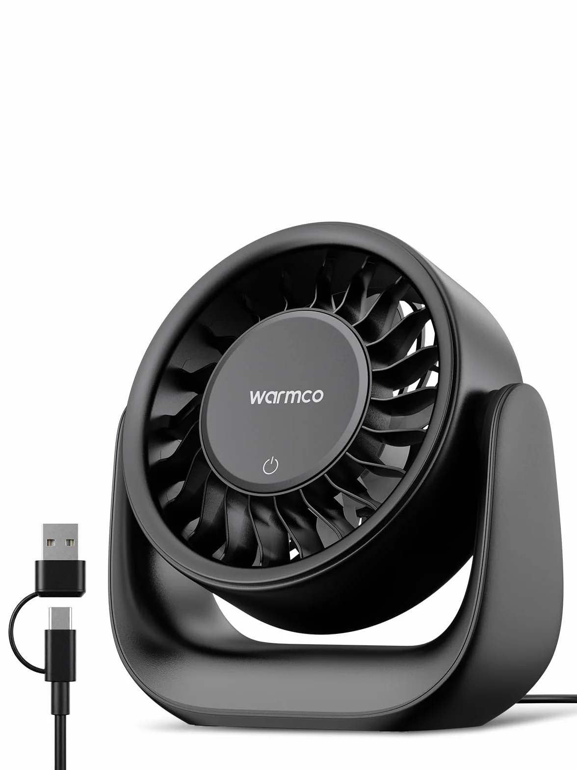 Warmco Wentylator Biurkowy USB Dotykowy, (Zasilanie tylko USB) Mały Wentylator Osobisty, Wtyczka USB-A i USB-C, 3 Prędkości, Silny Nawiew, Cichy do Domu i Biura