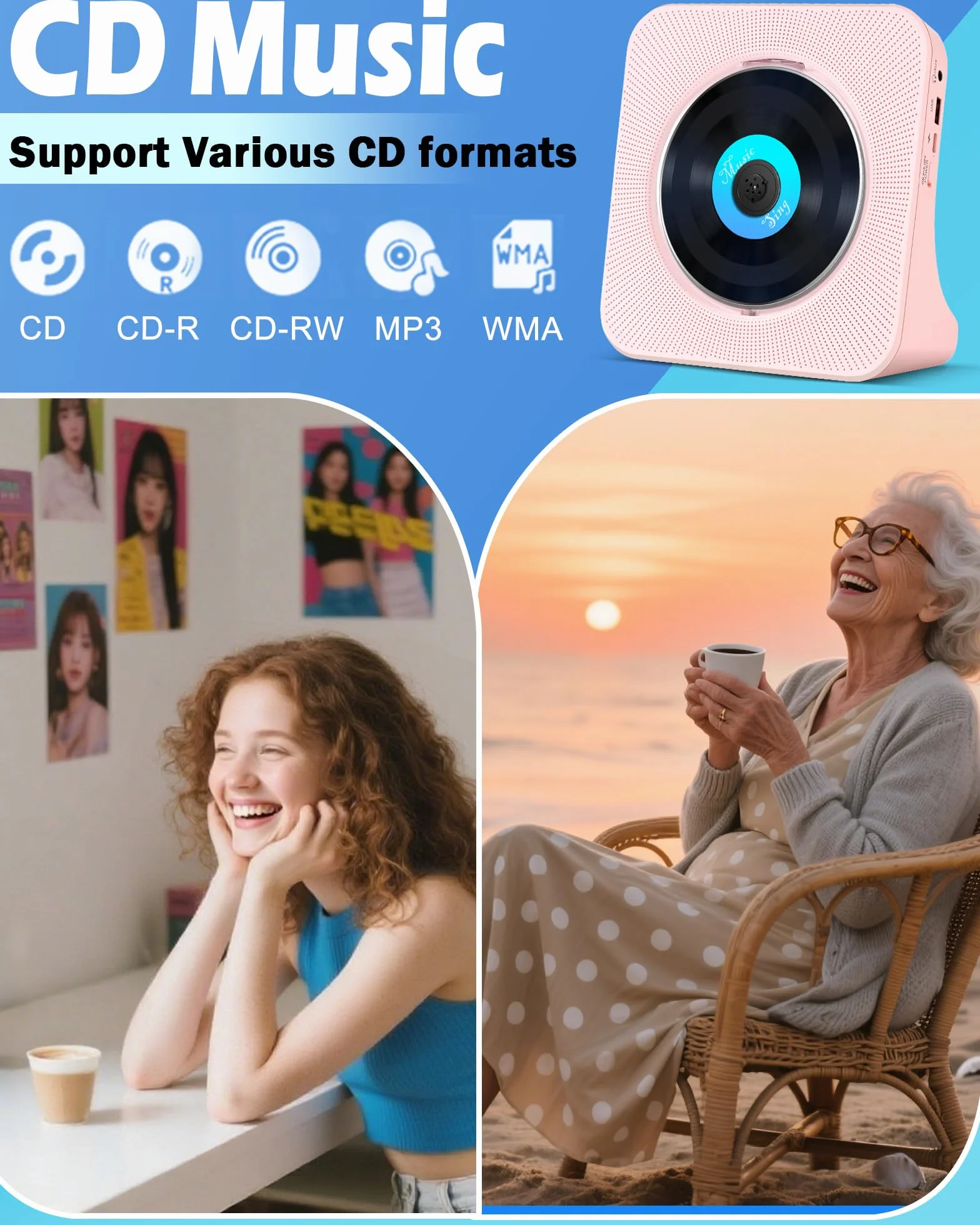 Przenośny odtwarzacz CD HIFI Bluetooth 4000 mAh pilot Sleep Timer radio FM USB