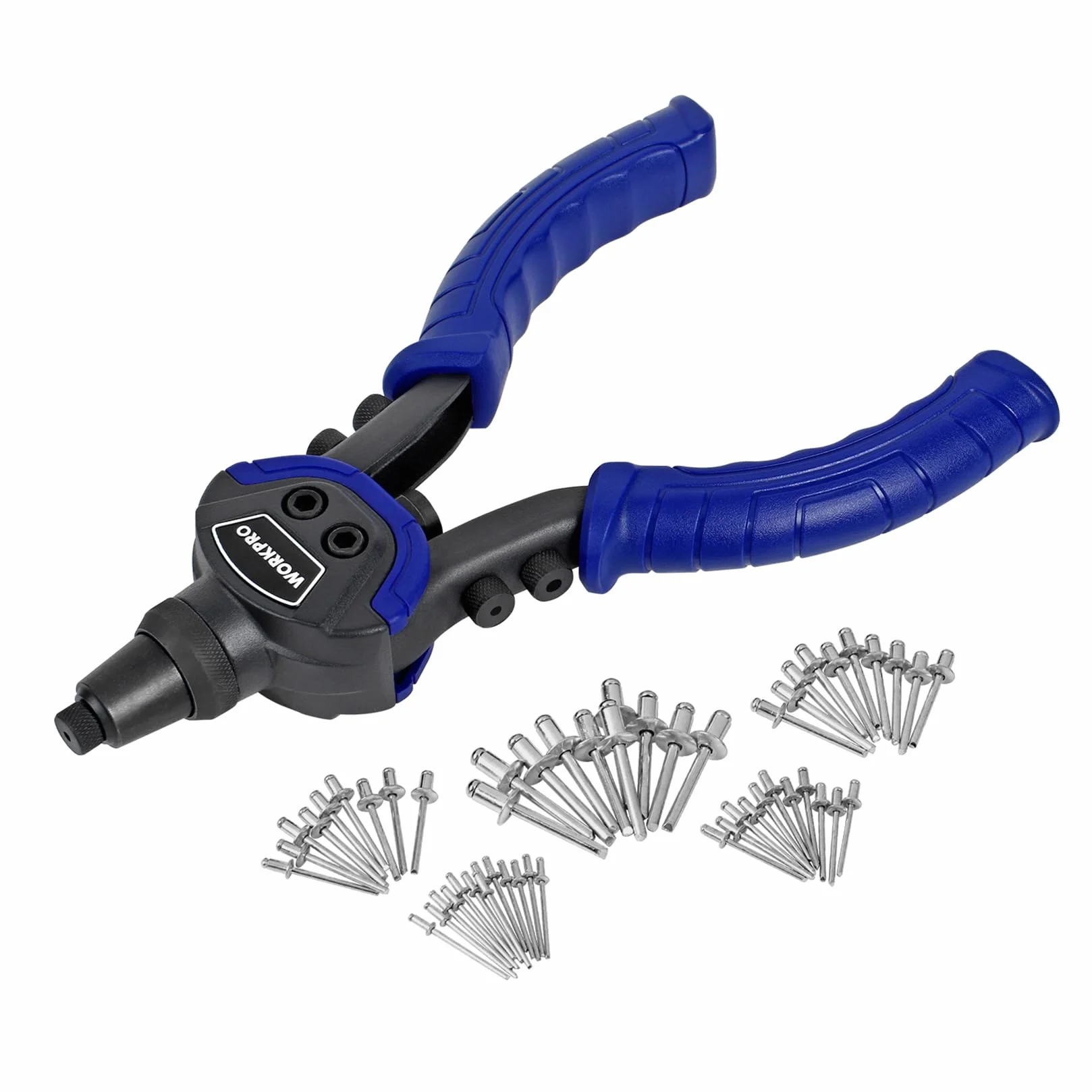 WORKPRO Nitownica 5 w 1, 25-centymetrowa nitownica Pop z 5 rozmiarami wymienną dyszą 2,4 mm, 3,2 mm, 4,8 mm, 6,4 mm, wytrzymała nitownica ręczna z 100-częściowymi nitami
