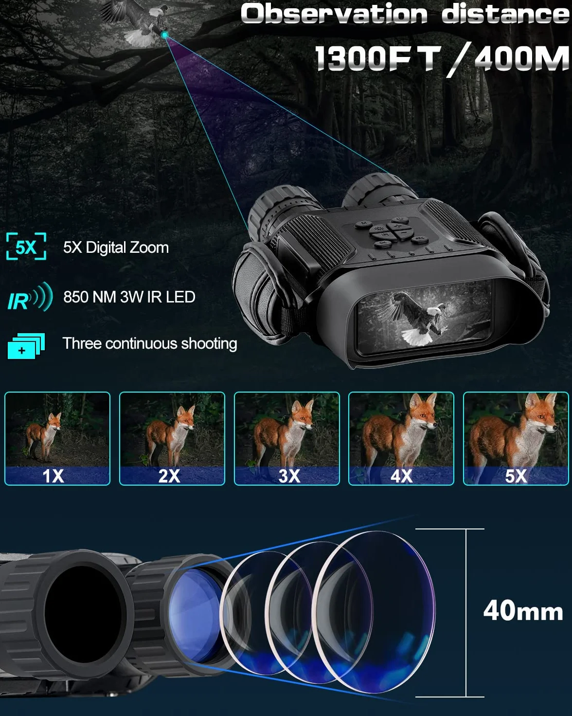 Noktowizor Cyfrowa Lornetka Noktowizyjna Dowesyeen 1280P Zoom Cyfrowy 5X Ekran 4" Odległość 1312ft 32GB
