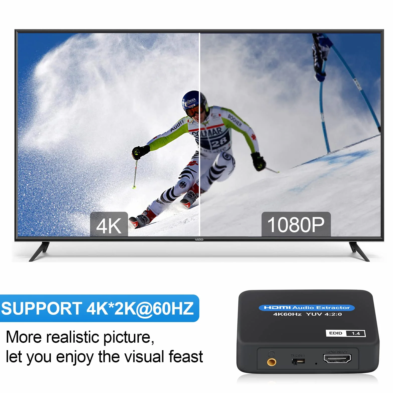 Ekstraktor audio HDMI, 4K @ 60 Hz HDMI do HDMI + optyczny Toslink SPDIF + wyjście audio 3,5 mm, adapter konwertera audio HDMI, obsługa 1080P 3D do Fire Stick, Xbox Laptop