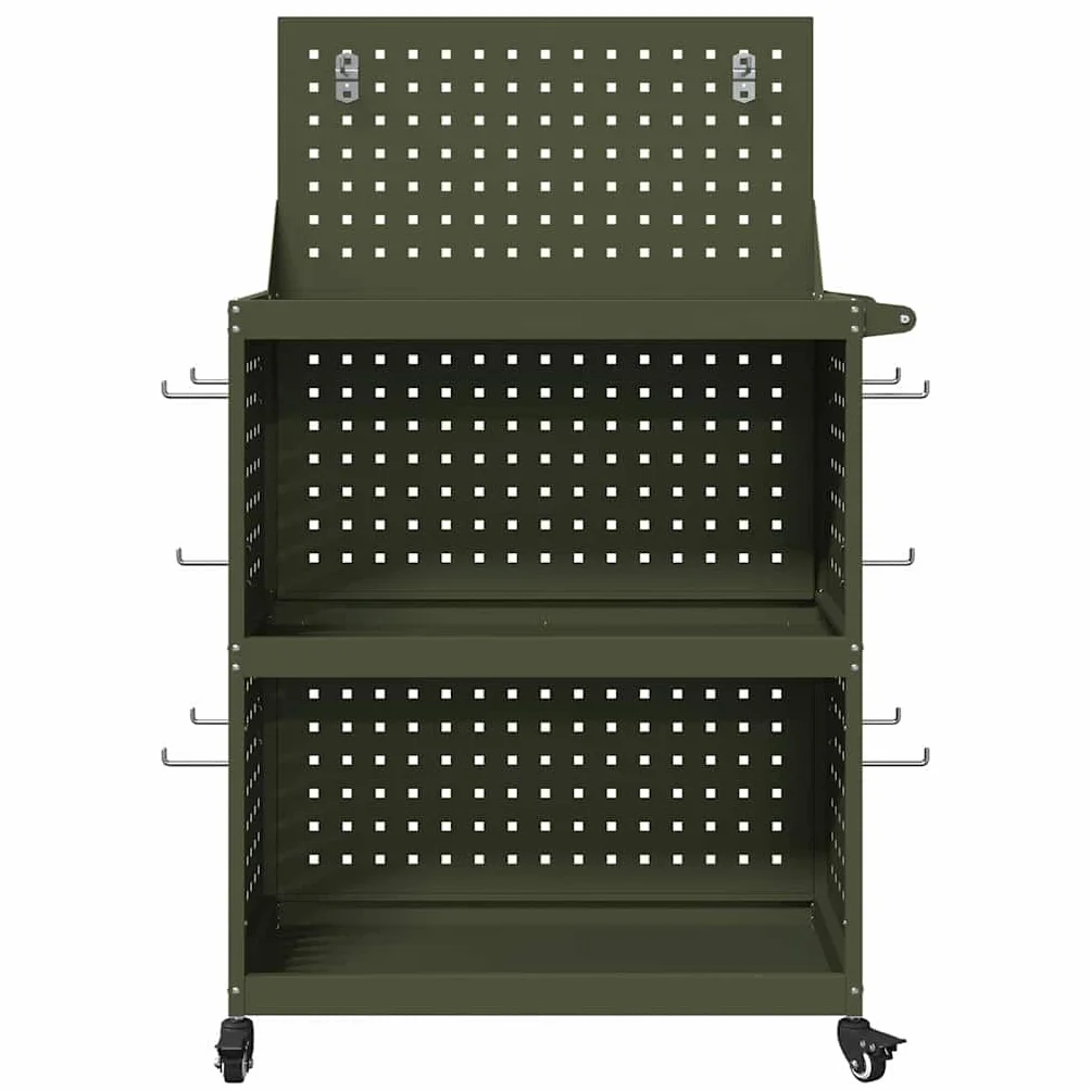 Wózek narzędziowy, oliwkowy, zielony, ze stali walcowanej na zimno, 65 x 35 x 111 cm, z 3 półkami i 12 haczykami, mobilna szafa warsztatowa do garażu, warsztatu i dla majsterkowiczów do