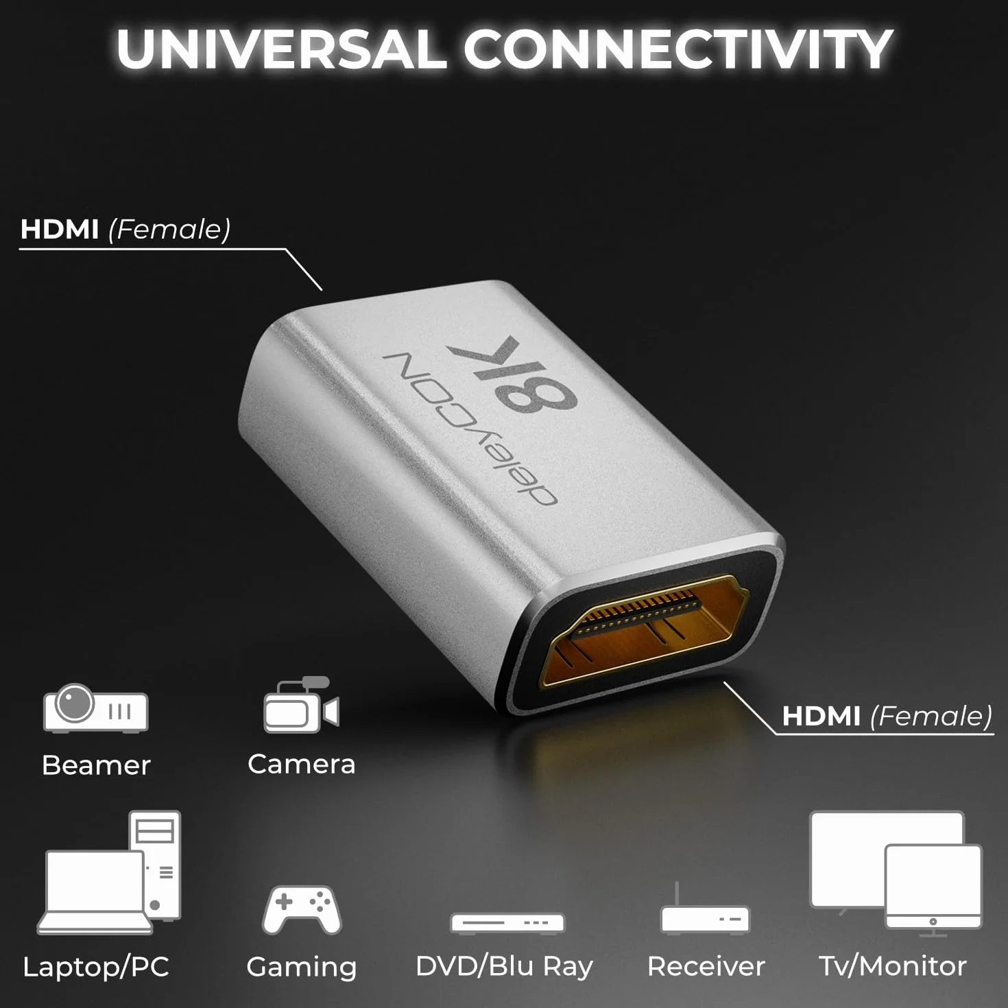 deleyCON 2 Szt. Złączka HDMI 2.1 8K (48G, Ultra High Speed) - Adapter 8K@60Hz, 4K@120Hz, 2K@144Hz/165Hz, EARC, HDCP 2.3/2.2, DTS:X - do HDR Dolby Atmos, TV, PS5, Xbox, Soundbara, Monitora - Srebrny