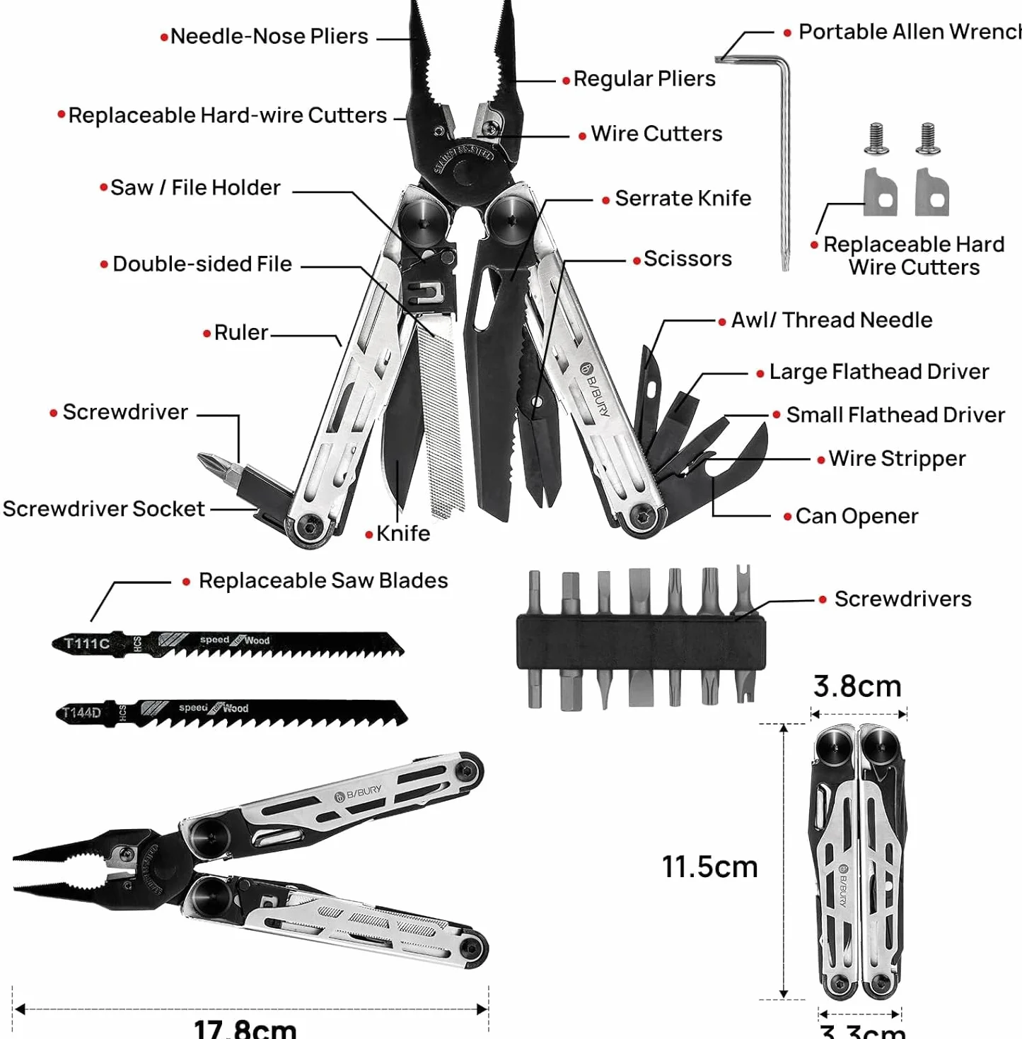 Geschenk für Männer, BIBURY Multitools, Outdoor Multi Tool Faltbare Zange mit Verbesserter Schere & Schraubendreher, Edelstahl Multitools mit Nylontasche, Weihnachtsgeschenke für Papa