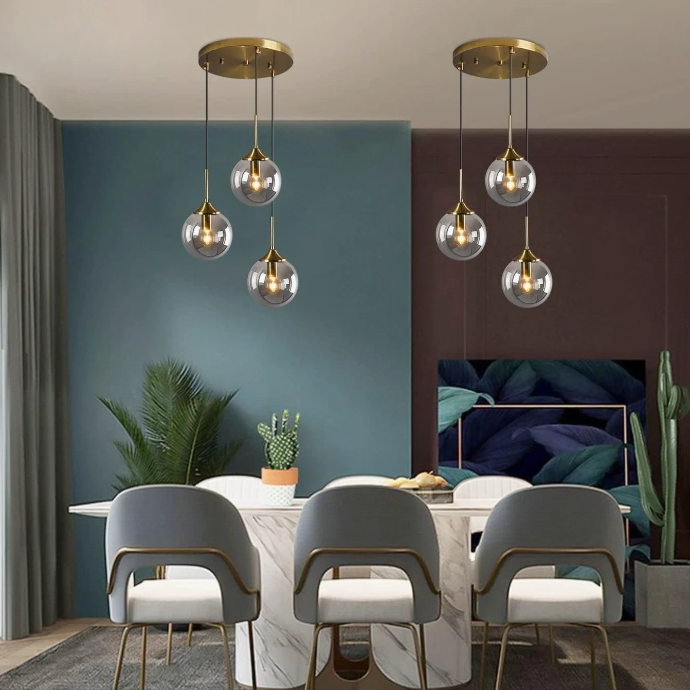 Żyrandol w stylu vintage, lampa wisząca, 3 światła, globus, szklany klosz, regulowane nowoczesne oświetlenie na wyspę kuchenną, klatkę schodową, do jadalni, przedpokoju, salonu, sypialni, złote