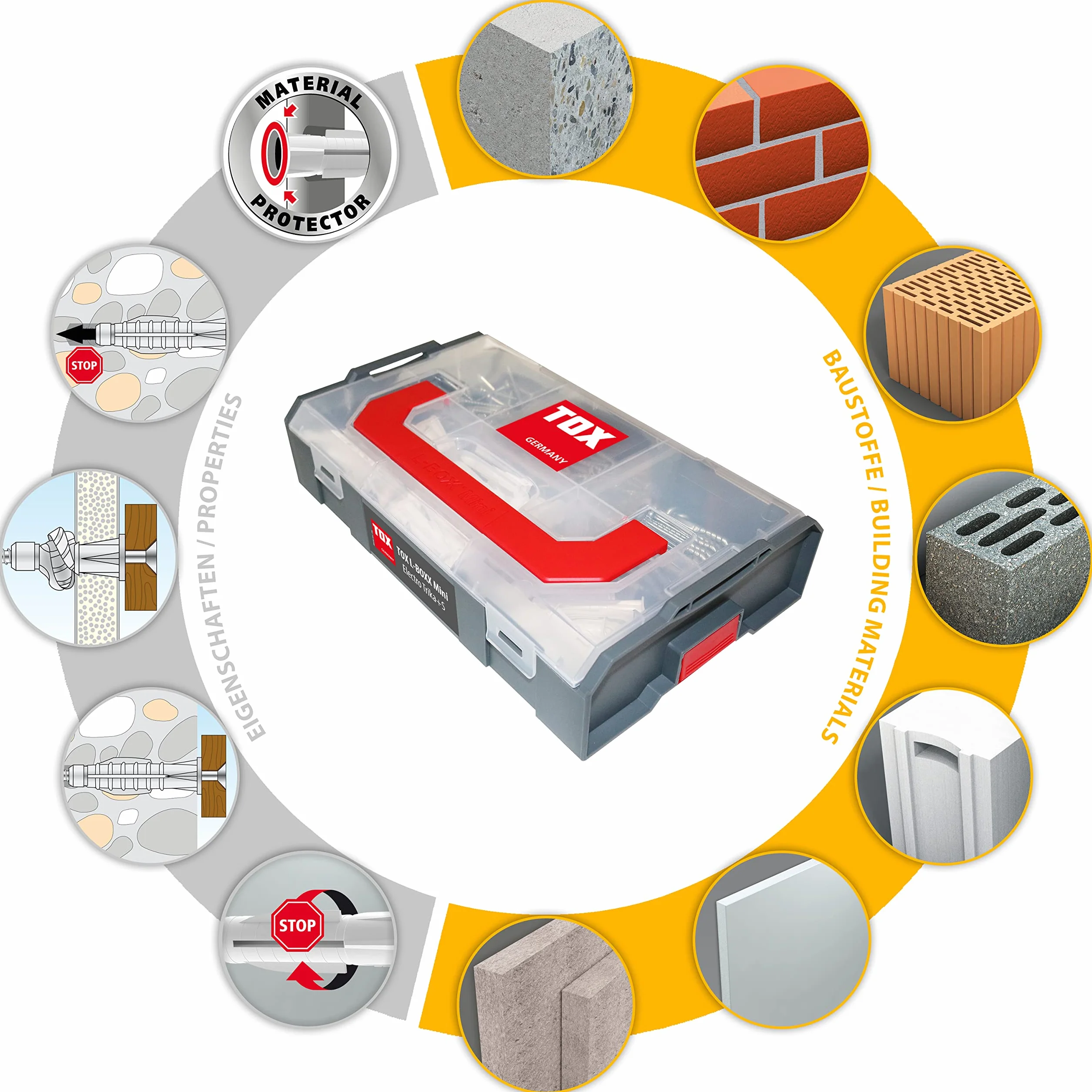 TOX L-BOXX Mini - Electro Trika + S, kompaktowe, efektywne pudełko na kołki rozporowe, podzielone na maksymalnie sześć przegródek, śruby i kołki do mocowania w prawie wszystkich materiałach