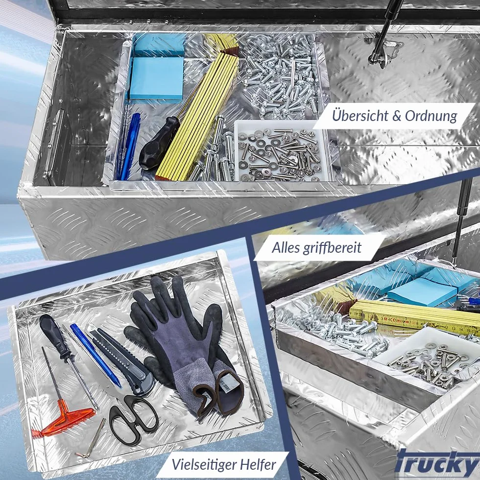 Zestaw D160 + schowek do zawieszania, skrzynka narzędziowa, skrzynka na przyczepę, aluminiowa skrzynka na przyczepę, pojemnik aluminiowy, pojemnik na wkładkę, pojemnik na przybory Trucky