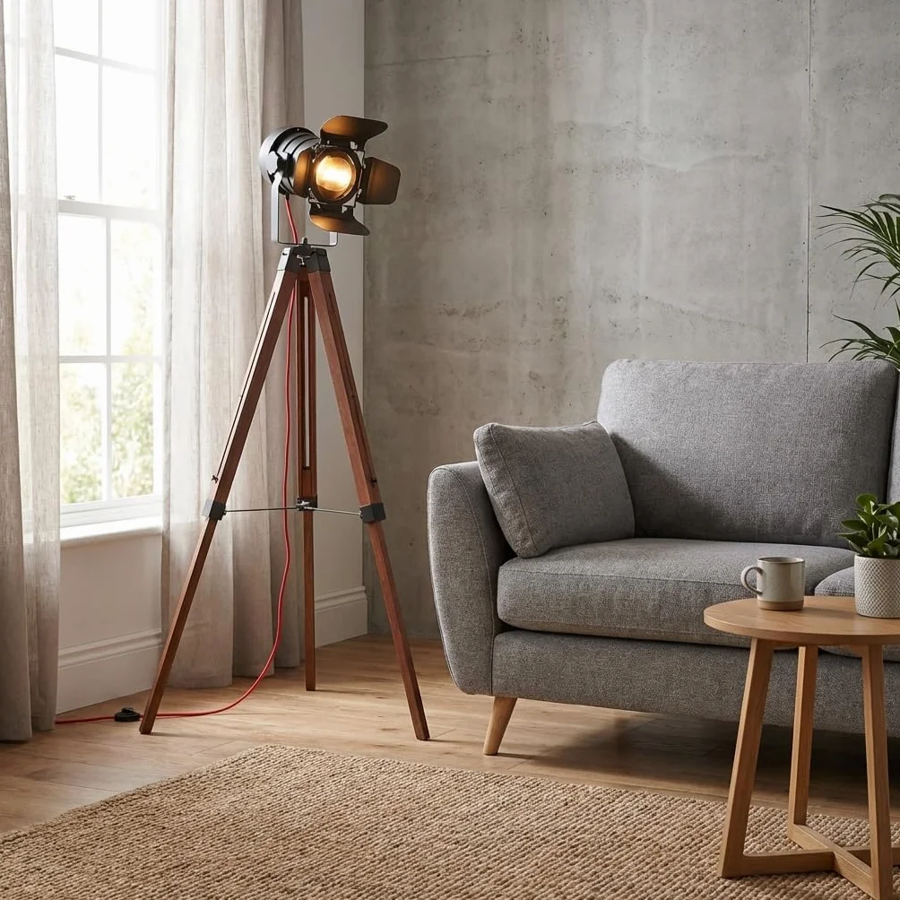 BARCELONA LED Lampa stojąca na trójnogu czarna i drewniana, regulowana wysokość, obracany reflektor, nowoczesny i vintage industrialny styl, idealna do salonu, sypialni, biura, schodów