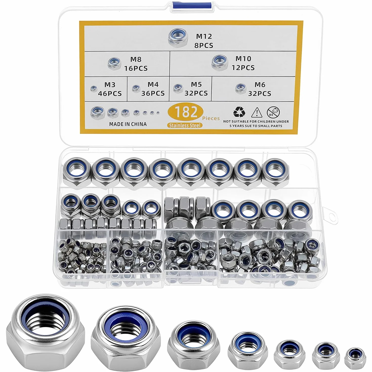 QWORK 182 sztuki nakrętek samozabezpieczających ze stali nierdzewnej 304, z wkładką nylonową, różne rozmiary M3/M4/M5/M6/M8/M10/M12