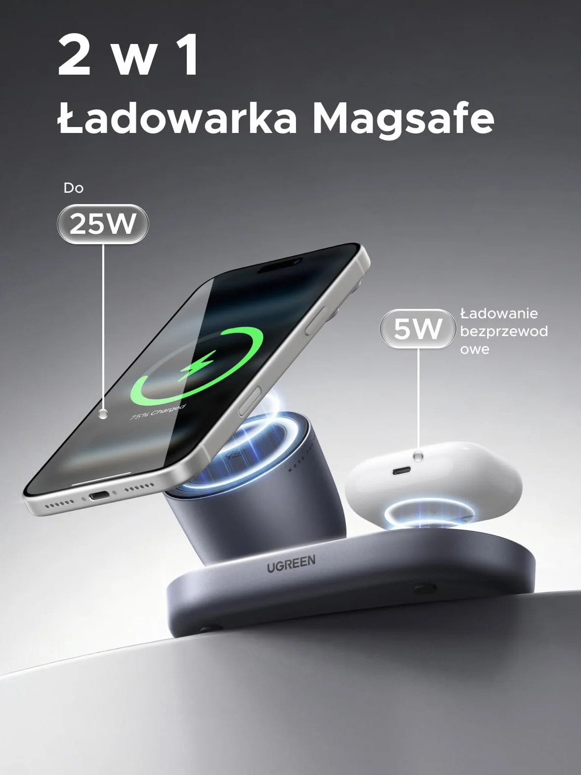 UGREEN Zapix Ładowarka Bezprzewodowa Qi2 25W Magnetyczna Stacja Ładowania MagSafe iPhone 17/16/15/14/13/12 AirPods Czarny