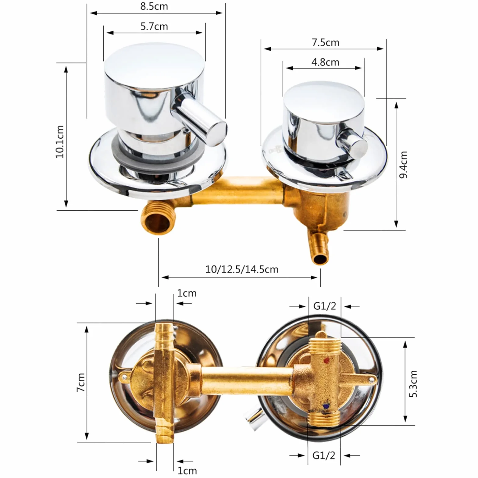 QHQQXN Mosiężna bateria prysznicowa 10/12,5 cm z gwintem wylotowym wody 2/3/4/5, podwójnym uchwytem, ​​wkładem ceramicznym, centralna odległość do kabiny łazienkowej
