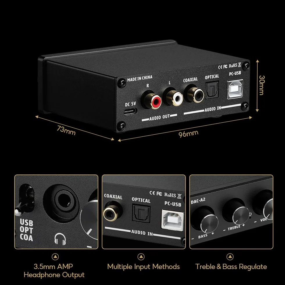 AIYIMA DAC-A2 mini dekoder audio DAC USB 24-bit 192 kHz koncentryczne optyczne do RCA wyjście słuchawkowe