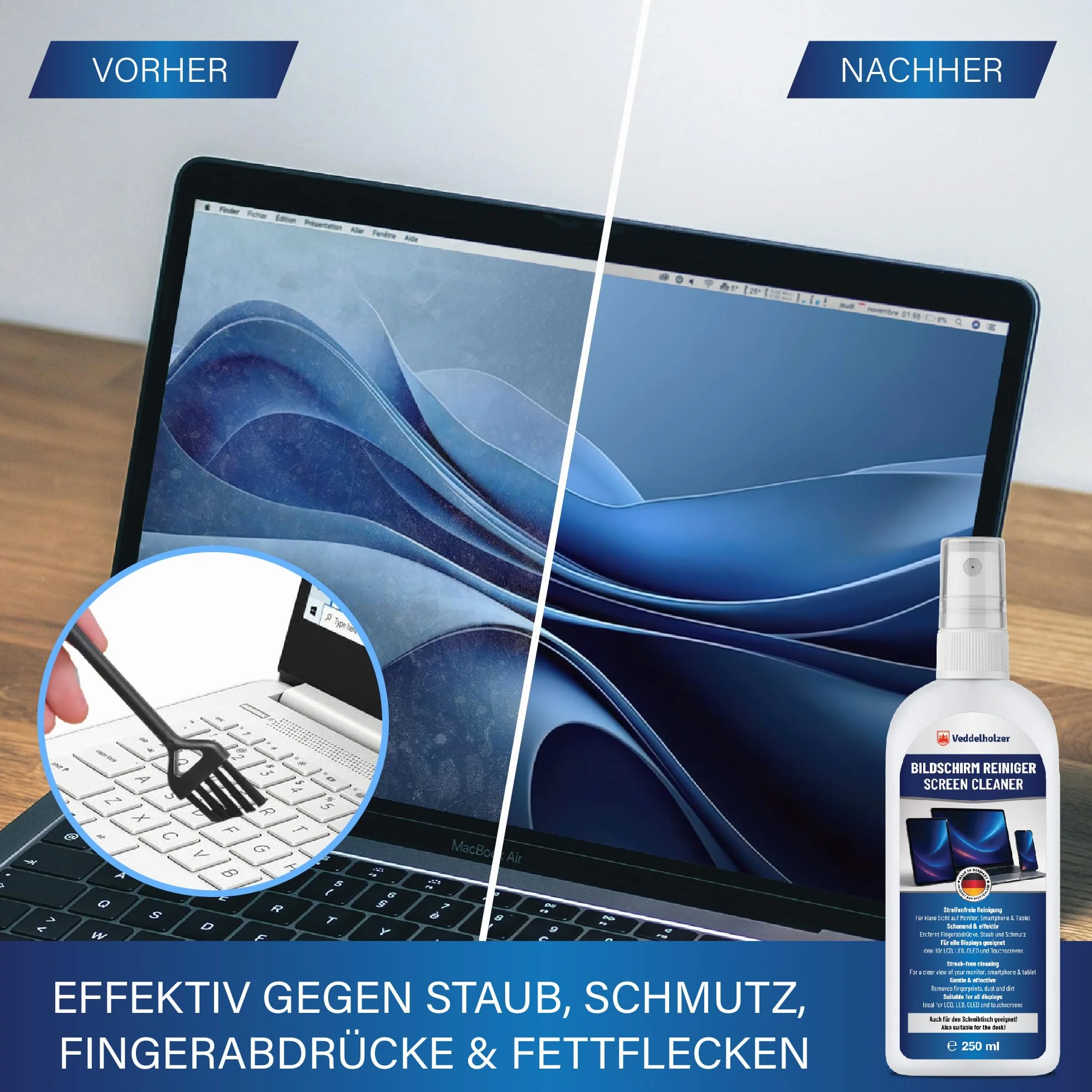 Veddelholzer Zestaw do czyszczenia ekranu 250 ml – ściereczka z mikrofibry i pędzelkiem do klawiatury – do laptopa, monitora, telewizora, smartfona, wyświetlacza samochodowego – czyszczenie wszystkich