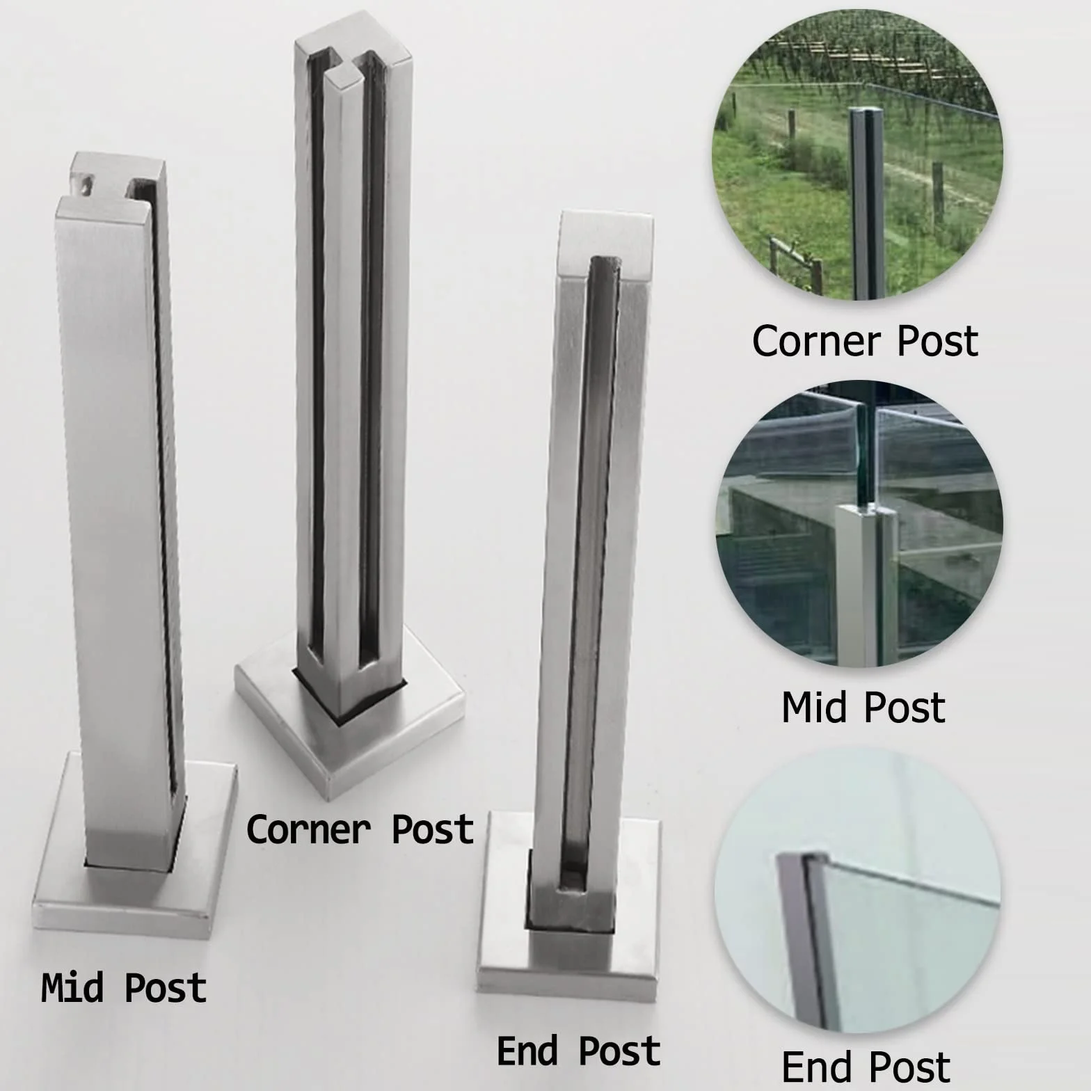 Bezramowy system szklanych balustrad na schody i pokłady, wytrzymały, bez dziurkowania, panel z gniazdami na czopy i podstawą, srebrny słupek środkowy, 140 cm, idealny na balkony i patio