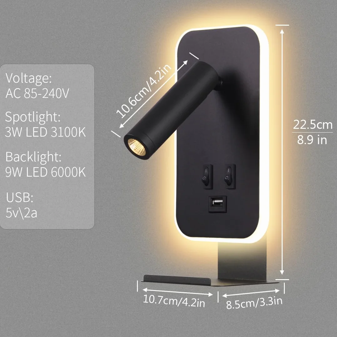 Nowoczesna lampa ścienna LED, 3W lampa do czytania, Met USB-oplaadpoort en telefoonhouder,obracana o 350°, 9W lampa ścienna LED, z przełącznikiem, do sypialni, salonu, gabinetu,3100K (Czarny)