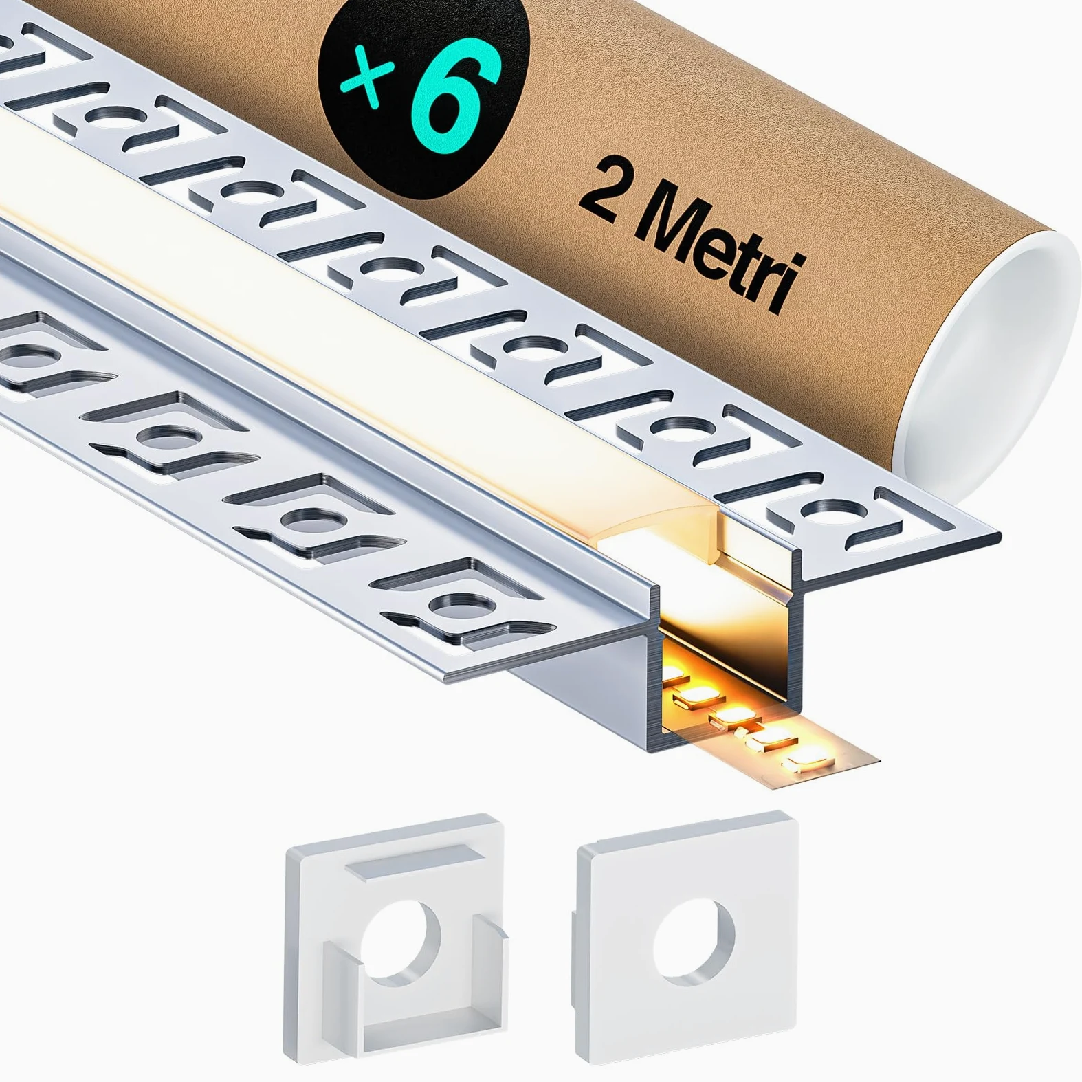 6 x profil aluminiowy do taśm LED, 2 m (12 m), profile LED do taśm LED, paski up to 25 mm, z matową osłoną PC kanał kablowy do taśmy LED, 2000 x 55,5 x 14,9 mm