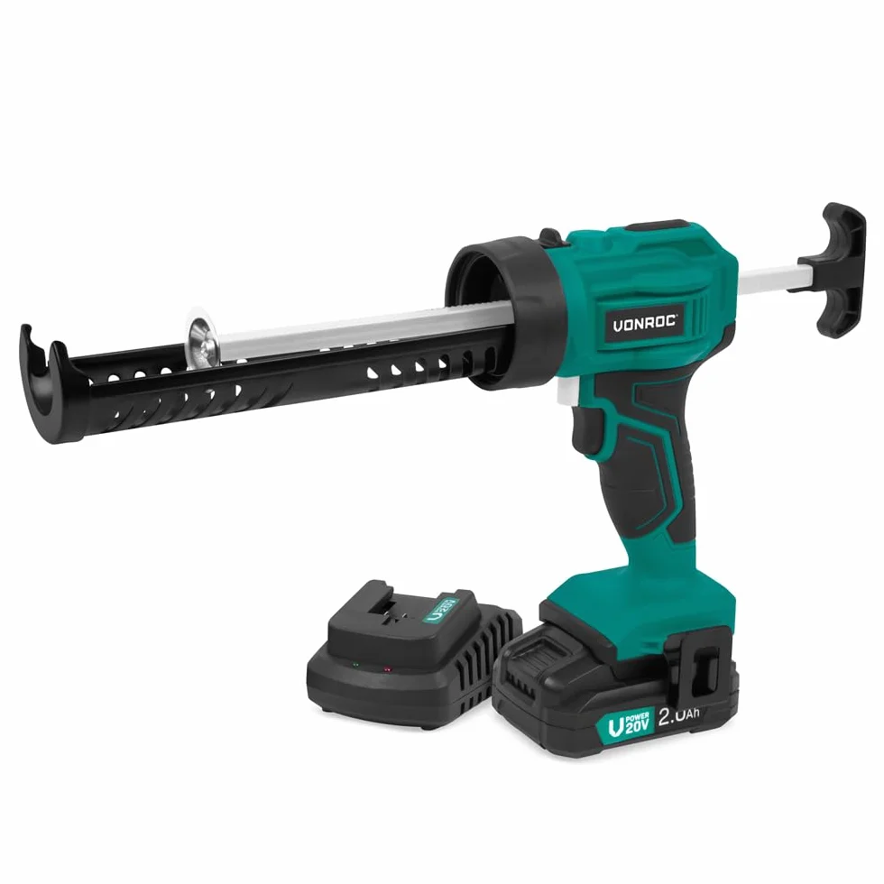 VONROC Akumulatorowa prasa na kartusz, pistolet na kartusz nowy model – 20 V – 4 poziomy przepływu, pistolet silikonowy wraz z akumulatorem 2 h i ładowarką