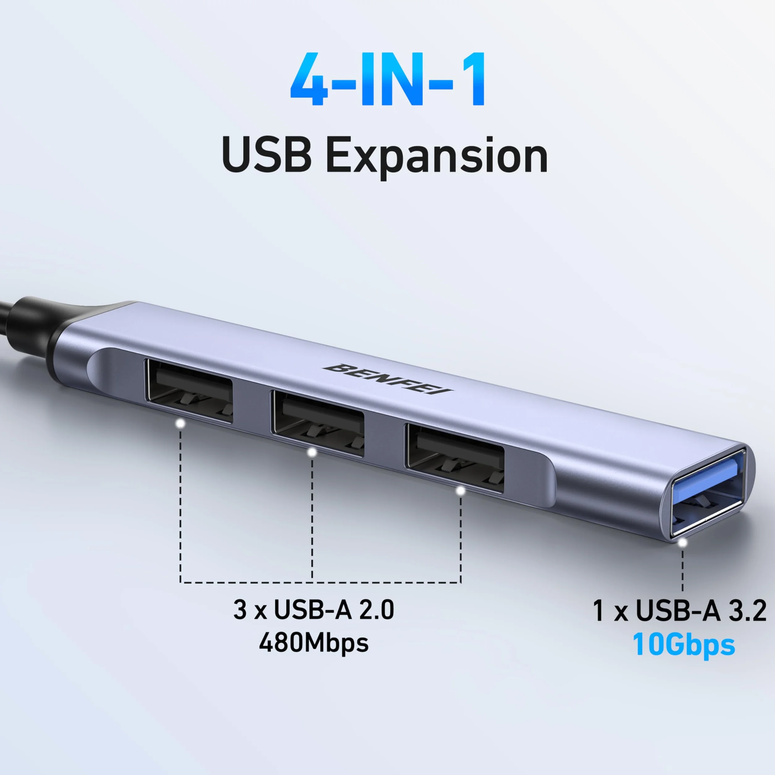 BENFEI 4-portowy hub USB: 1 x 10 Gb/s USB 3.2 + 3 x USB 2.0 - do myszy, klawiatury, pendrive'a, drukarki - kompatybilny z laptopem, PC, Xbox, PS5