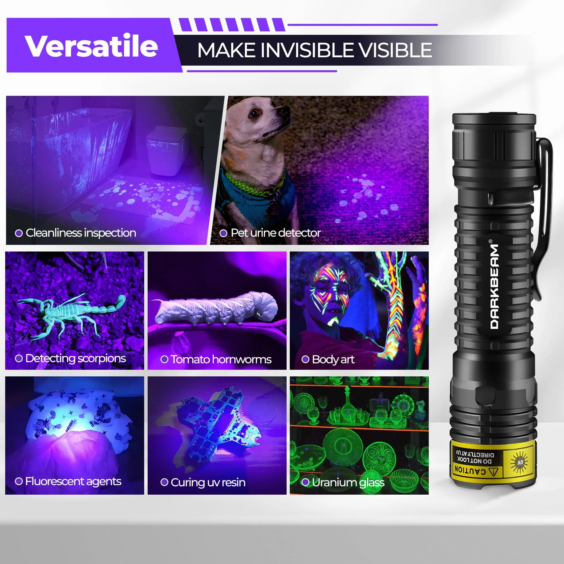 DARKBEAM Latarka UV 395nm Blacklight Czarne światło LED, Mini potężna Woodsche Lampa Latarki ultrafioletowe USB -C Akumulator Detektor moczu dla Pies do szkła uranowego, Plamy, utwardzania żywicy
