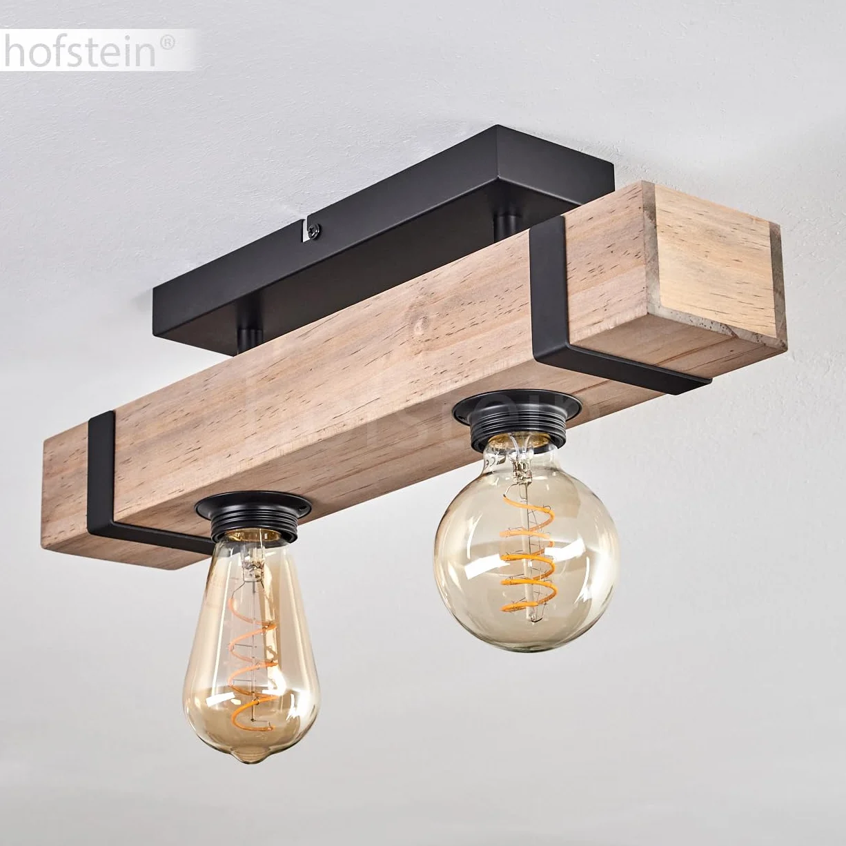 Lampa sufitowa Montgomery, nowoczesna lampa sufitowa z metalu/drewna w kolorze czarnym/naturalnym, industrialny design z drewnianymi belkami, 2-żarówkowa, 2 x E27, bez żarówki