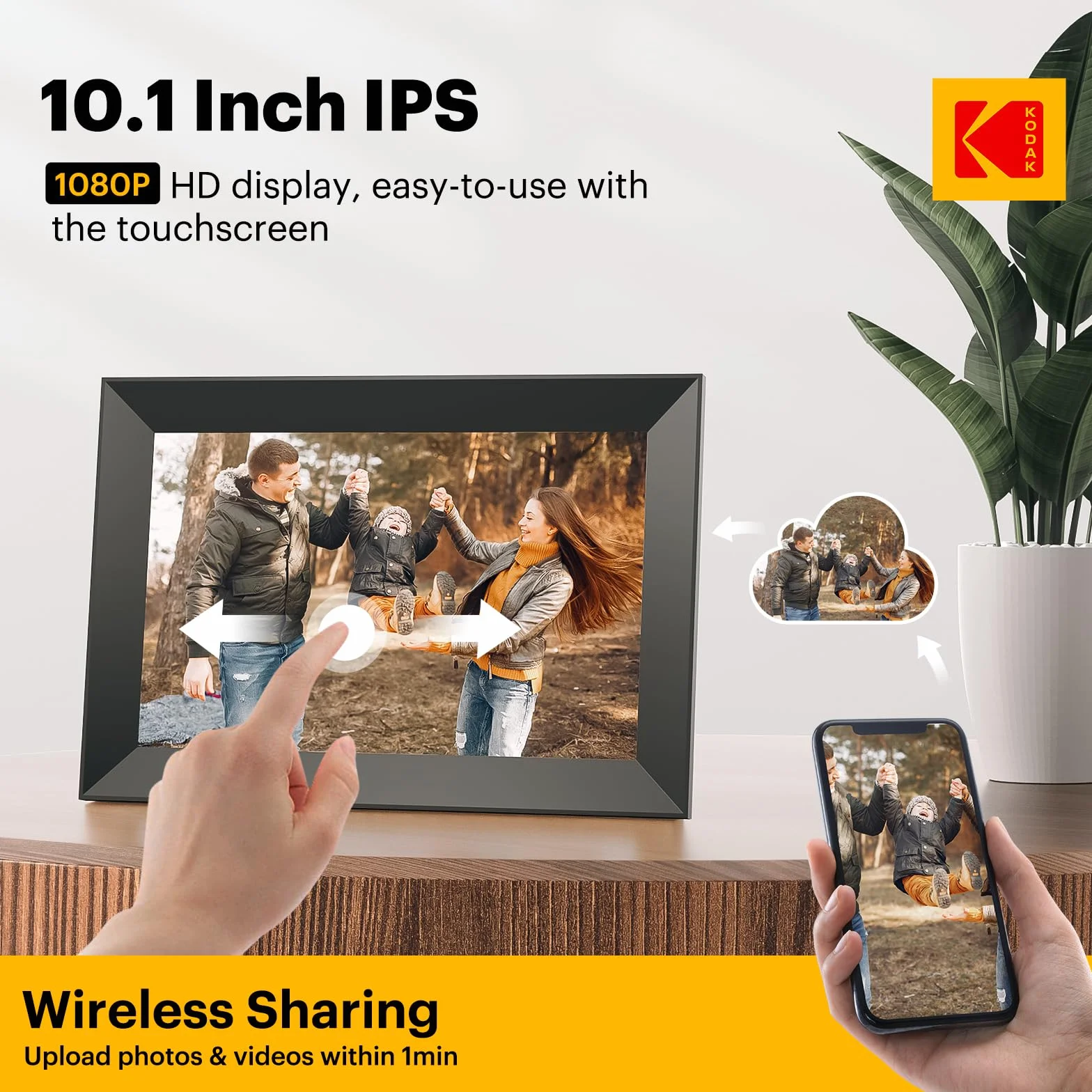 KODAK Cyfrowa ramka na zdjęcia Wi-Fi 10,1", ekran dotykowy HD IPS, elektroniczna ramka na zdjęcia z pamięcią 32 GB, automatyczne obracanie zdjęć, udostępnianie zdjęć lub filmów w dowolnym miejscu za