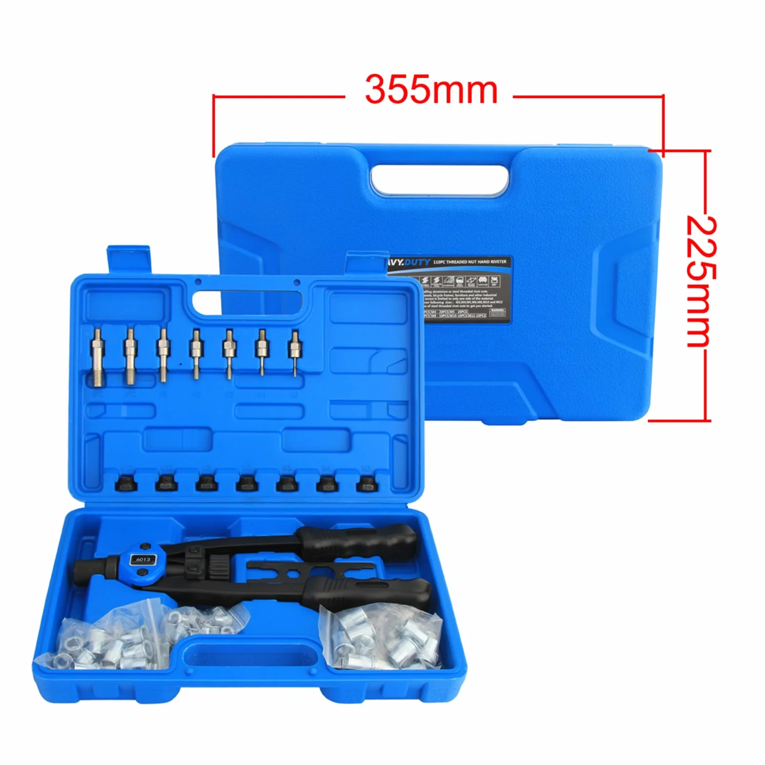 DROMEDARY Zestaw narzędzi do nitowania ręcznego, zestaw szczypiec do nitonakrętek 33 cm długie uchwyty z 7 trzpieniami metrycznymi i 110 nitonakrętkami od M3 do M12