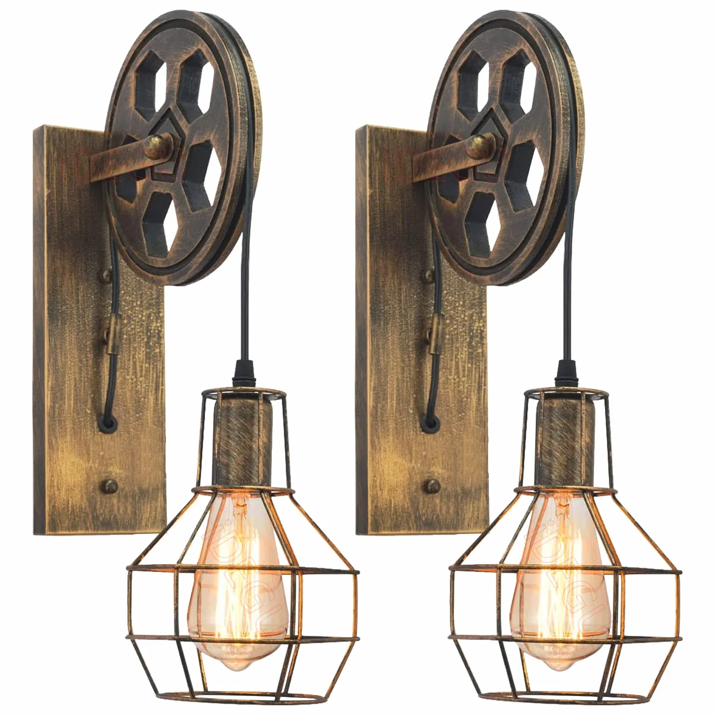 iDEGU 2 sztuki przemysłowych lamp ściennych, w stylu vintage, z koła pasowego, lampa retro z metalu i drewna, lampa wisząca do sypialni, salonu, restauracji, kawiarni, baru, korytarza, brązu