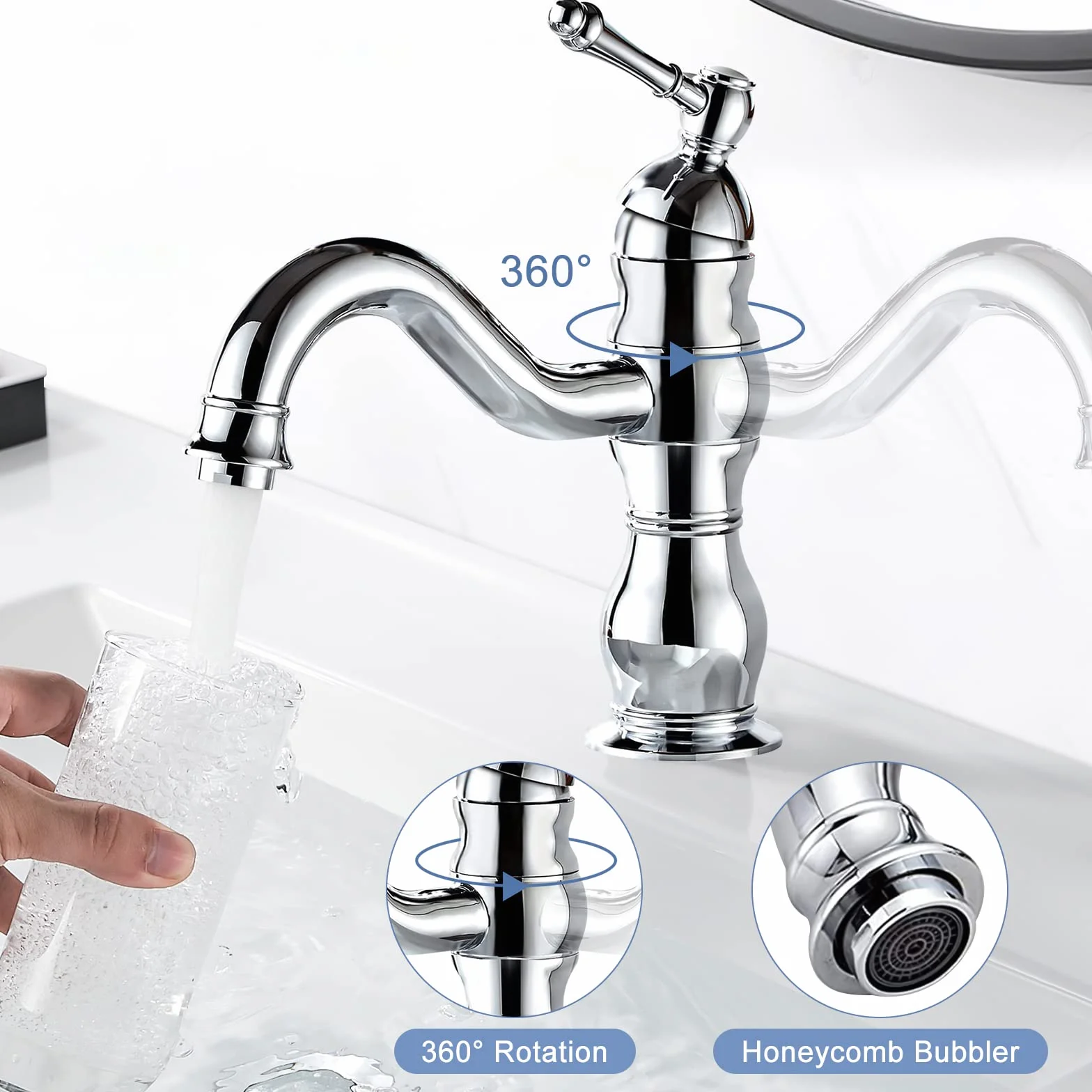 Kran łazienkowy, obracana o 360° bateria mieszakowa do łazienki, jednouchwytowa bateria umywalkowa z mosiądzu z zaworem ceramicznym, dostępna w zimnej i gorącej wodzie, chromowana