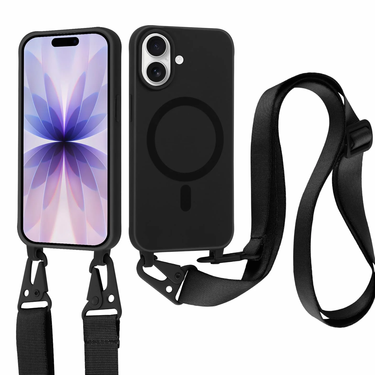 Magnetyczne etui silikonowe na iPhone 17 6.1" z paskiem na szyję, czarne
