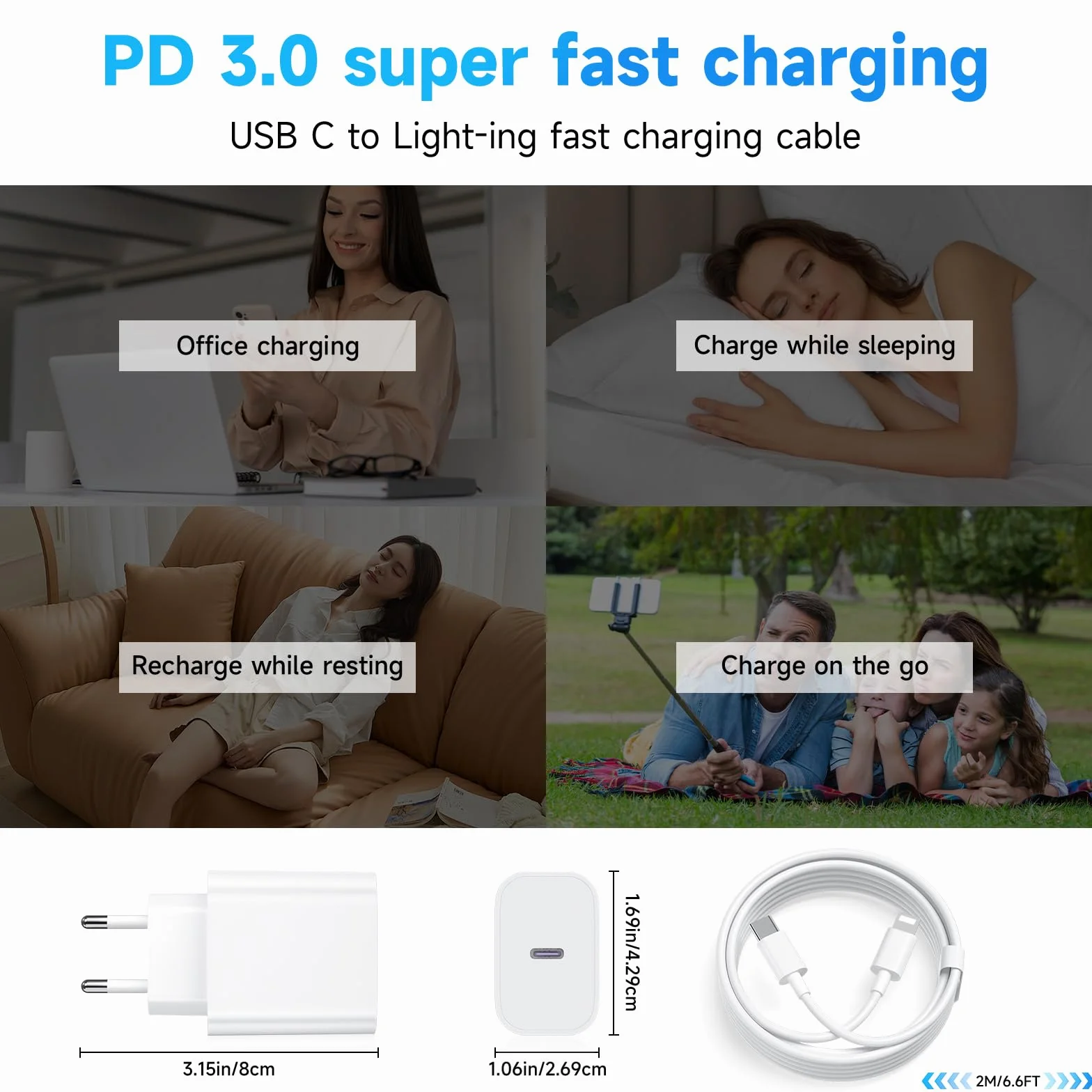 20W USB C Ładowarka PD3.0 Szybka Ładowarka z Kablem Lighting 2m do Phone 14/13/12/11 - Biały