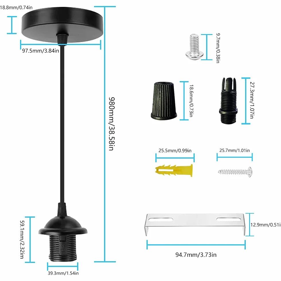 2 sztuki E27 Lampa wisząca z kablem 100 cm i uchwytem lampy do baru, kawiarni, sklepu, hotelu (czarna)