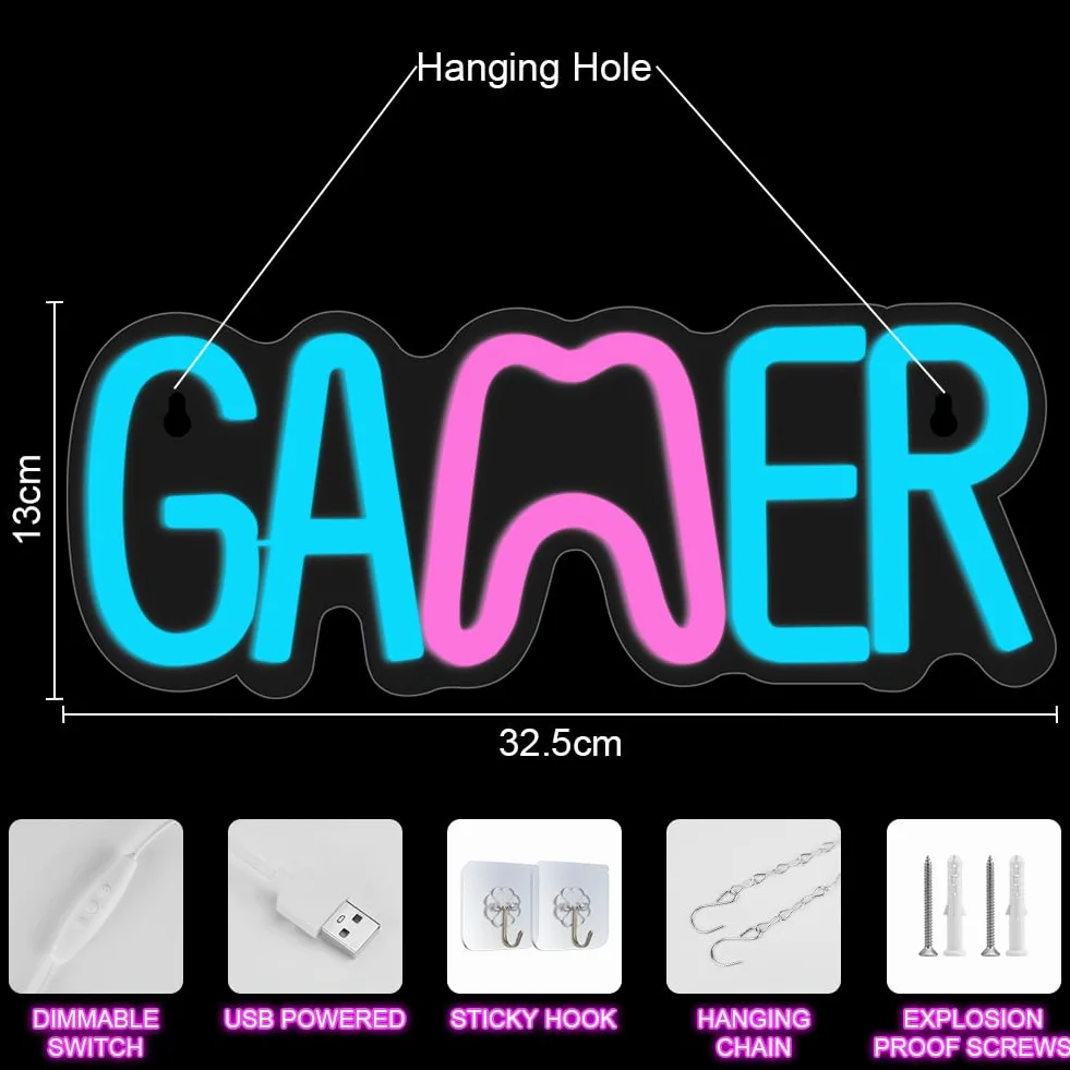 HOTUT Podświetlany Znak Gier Neon LED, Świetlna Dekoracja Ścienna (Gaming Neon/Napis), Nowoczesne Oświetlenie do Pokoju Gracza, Tło do Streamowania