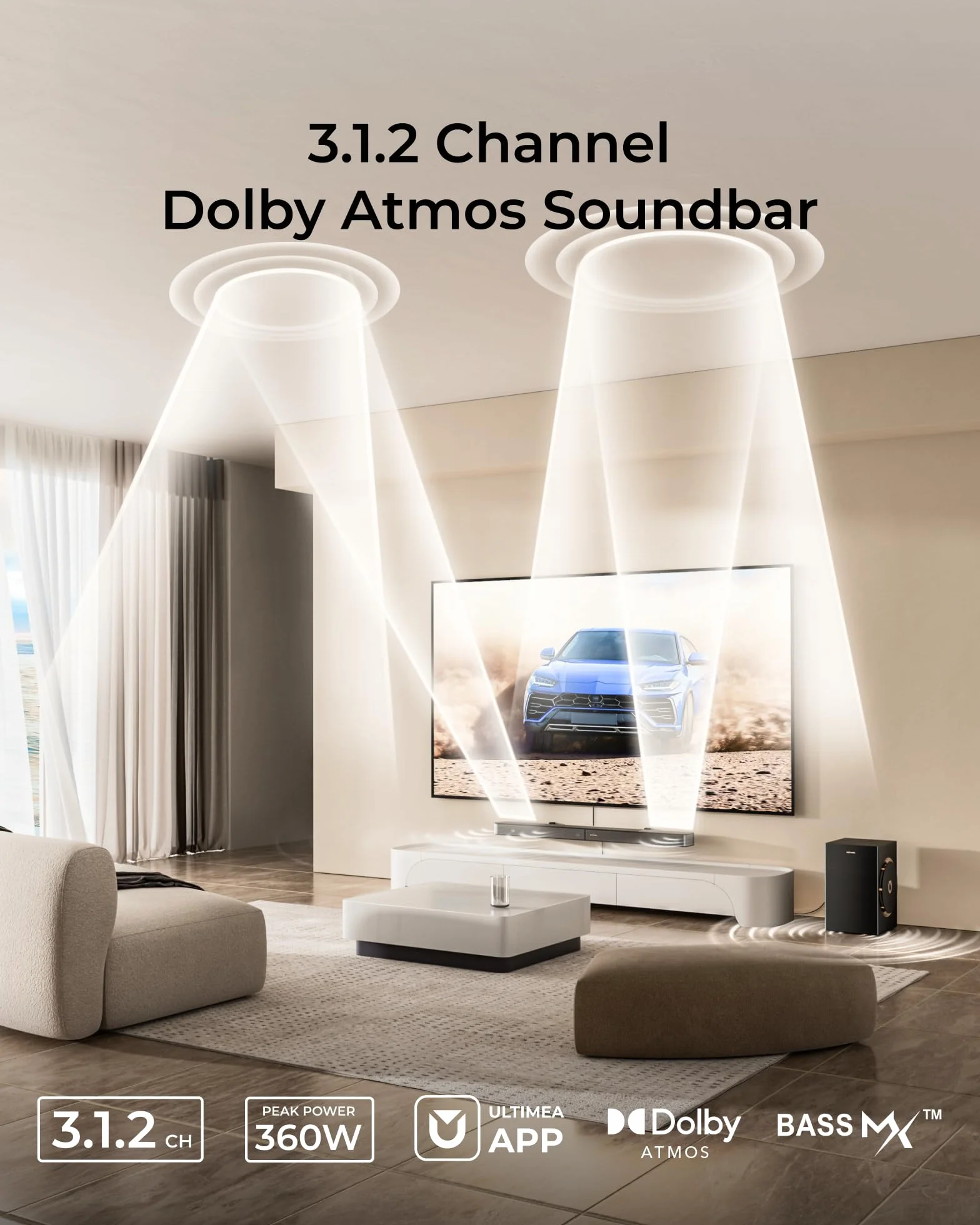 ULTIMEA 3.1.2ch Dolby Atmos Soundbar z subwooferem 6,5", BT 5.4, HDMI eARC i Skywave F30 Boom – doskonały system dźwięku przestrzennego dla zapierających dech w piersiach wrażeń telewizyjnych
