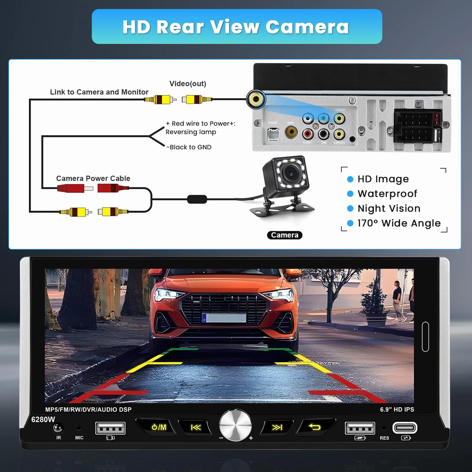 Inefala Radio Bluetooth 1 Din z bezprzewodowym Carplay i Android Auto, radio samochodowe 1 Din z wyświetlaczem 6,9 cali z Mirror Link RDS/FM AUX SWC kamera cofania Type-C i podwójne złącza USB